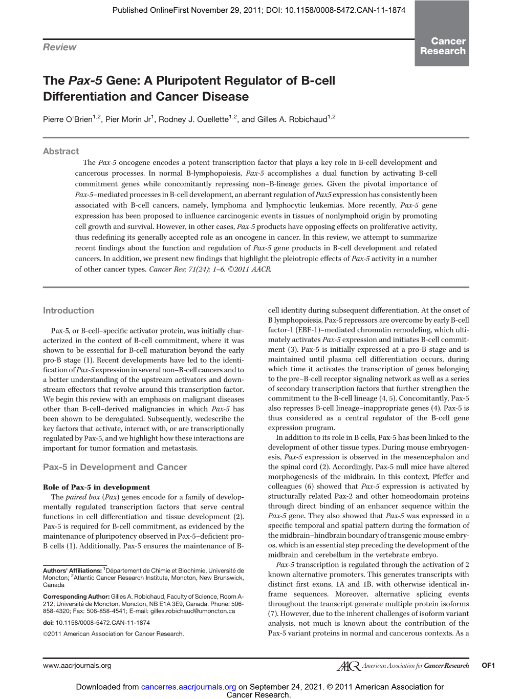 The Pax-5 Gene: a Pluripotent Regulator of B-Cell Differentiation and Cancer Disease