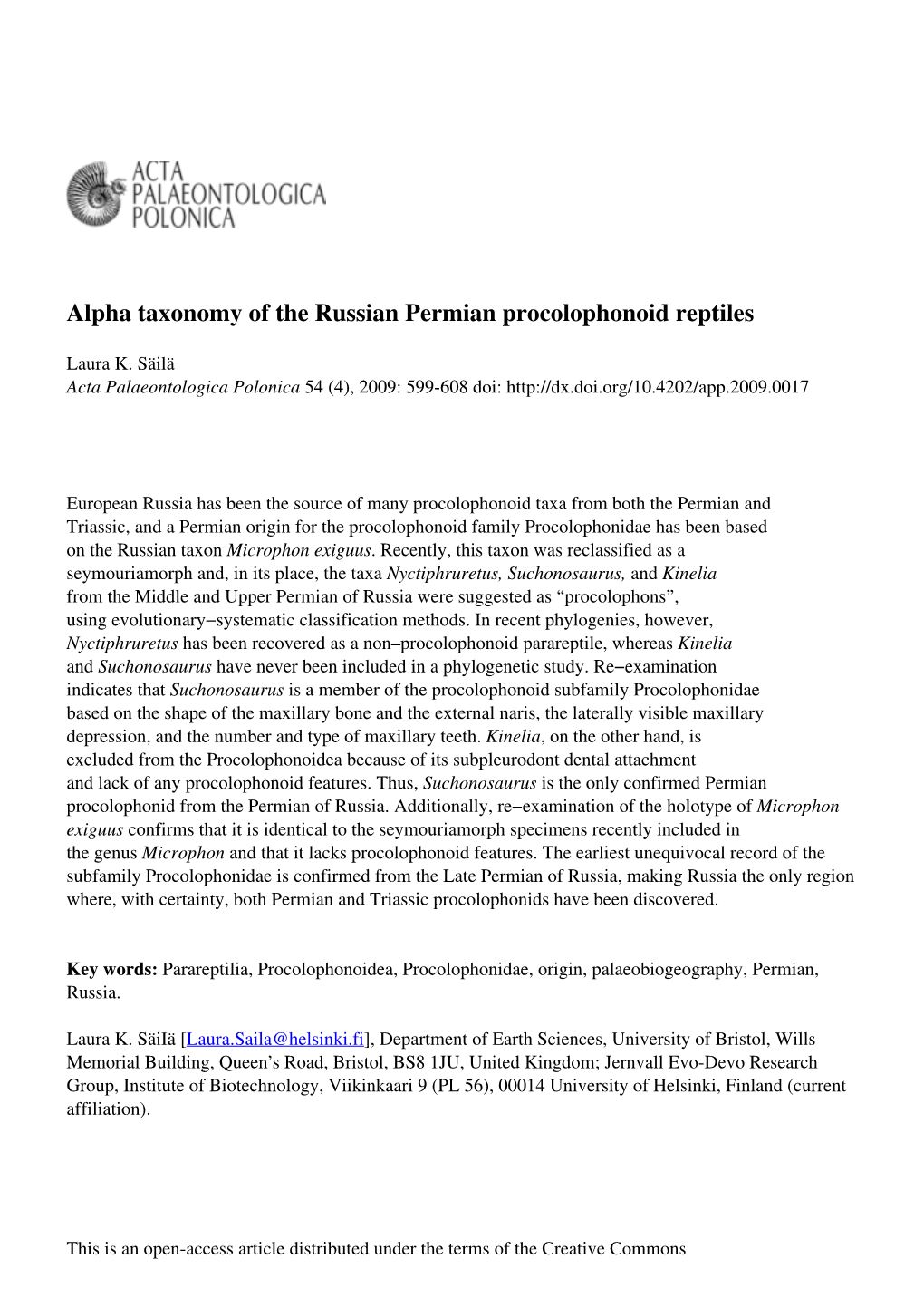 Alpha Taxonomy of the Russian Permian Procolophonoid Reptiles