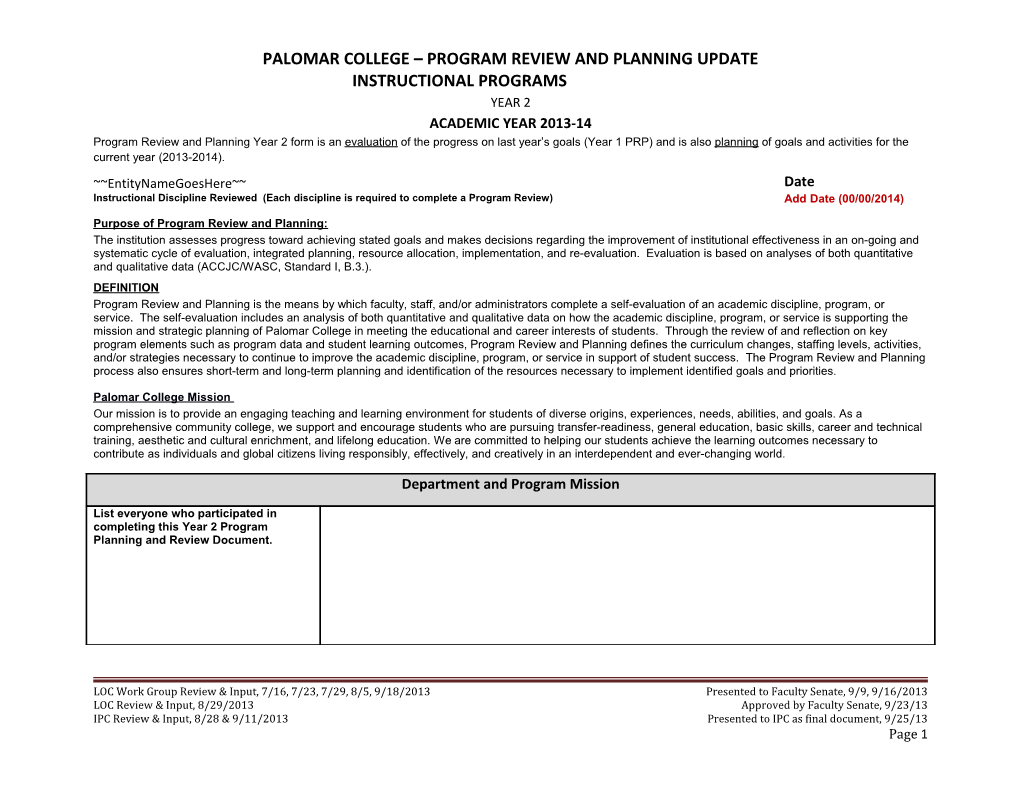 Palomar College Program Review and Planning Update