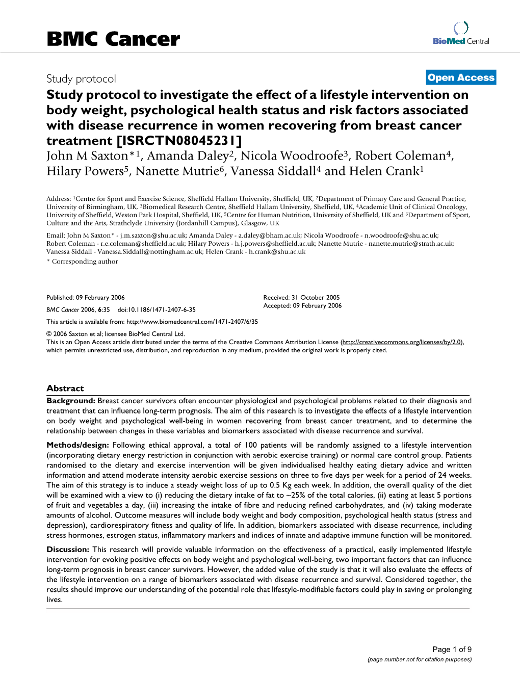 Study Protocol to Investigate the Effect of a Lifestyle Intervention on Body