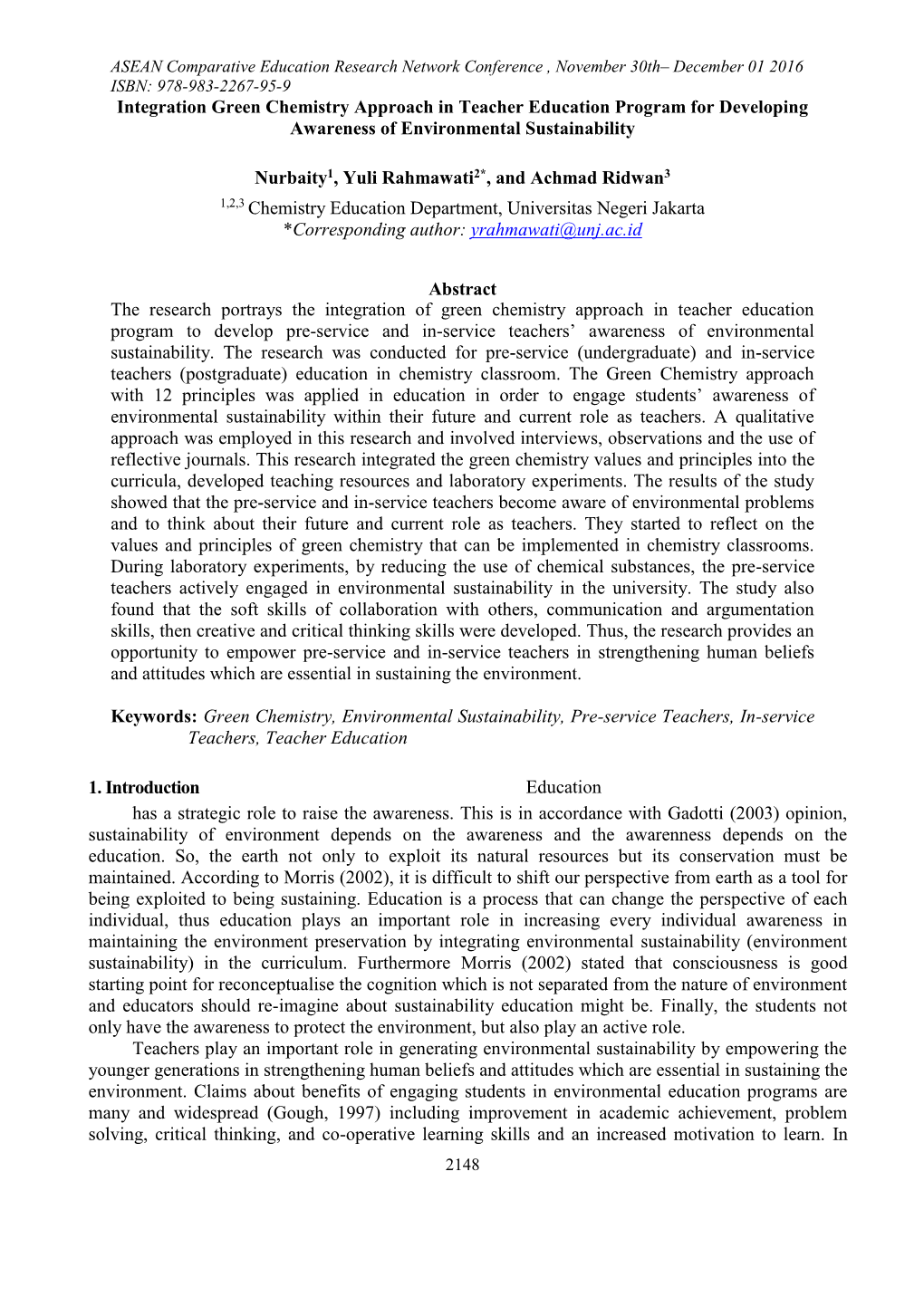 Integration Green Chemistry Approach in Teacher Education Program for Developing Awareness of Environmental Sustainability