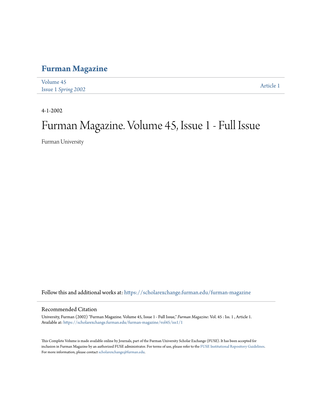 Furman Magazine. Volume 45, Issue 1 - Full Issue Furman University