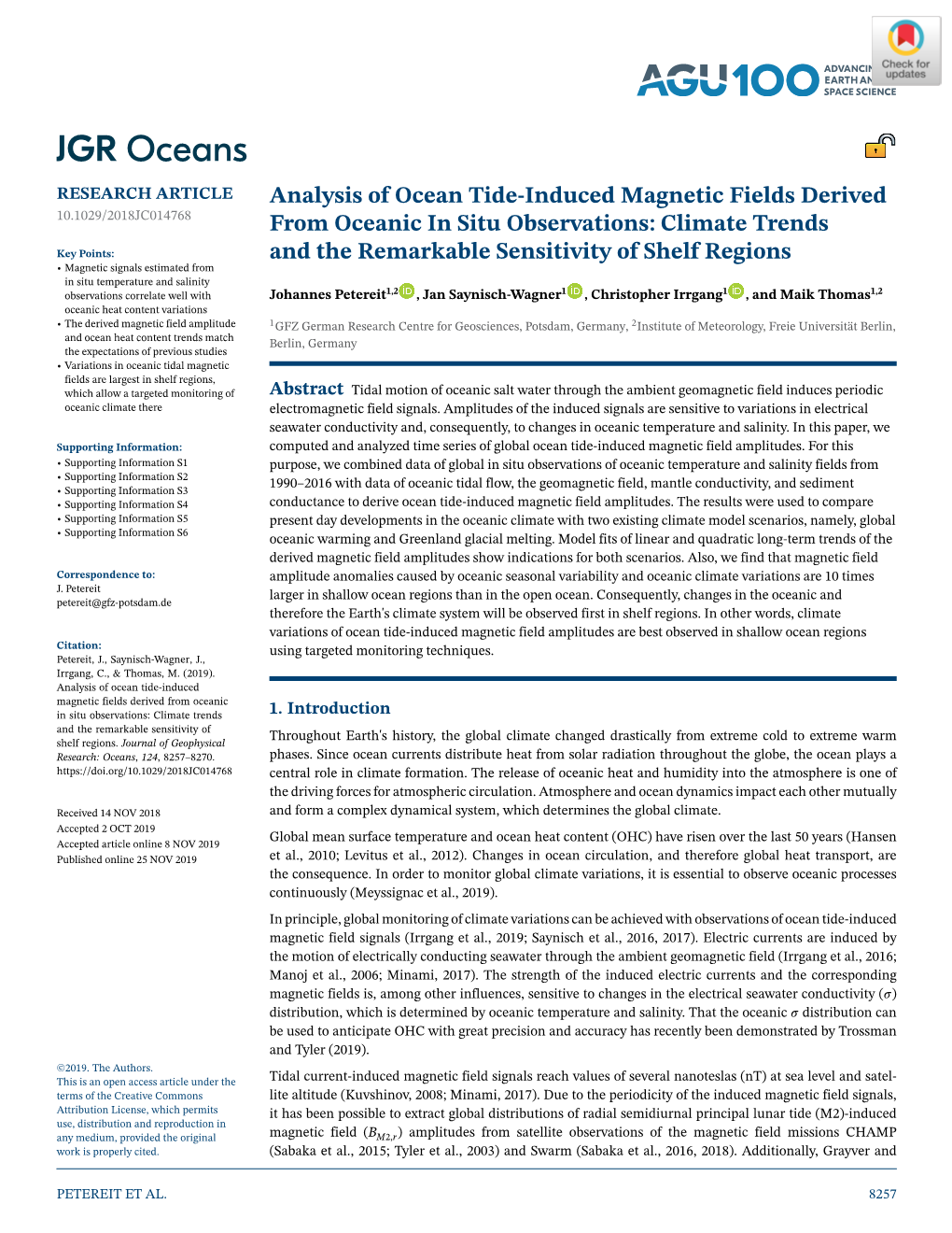 Analysis of Ocean Tide-Induced Magnetic Fields Derived from Oceanic in Situ Observations: Climate Trends 1