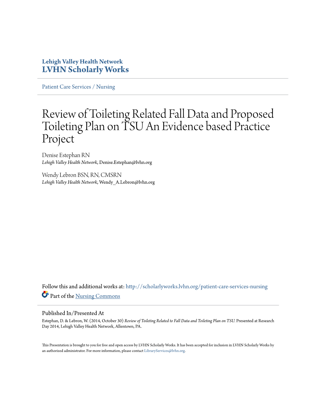 Review of Toileting Related Fall Data and Proposed Toileting Plan On