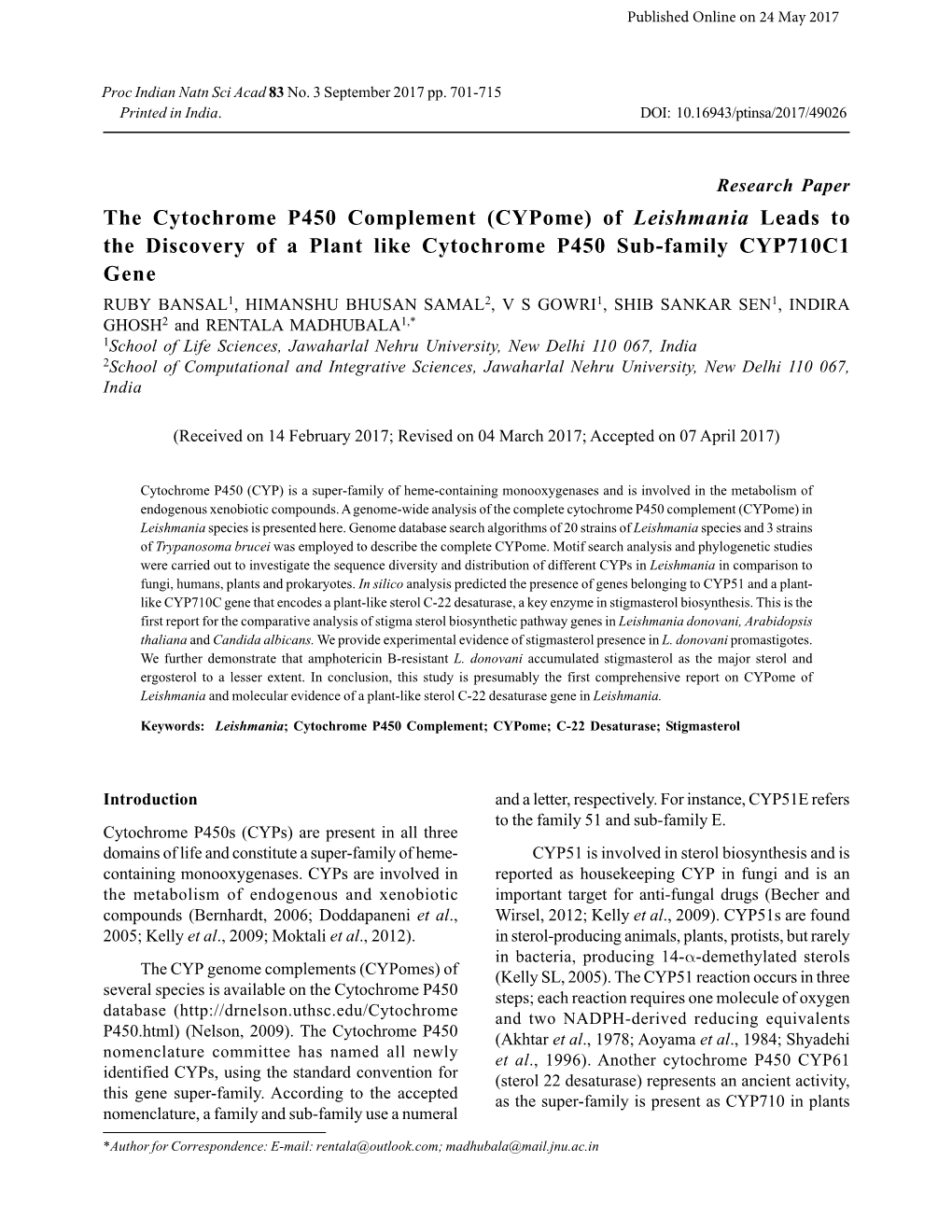 The Cytochrome P450 Complement (Cypome) of Leishmania Leads to the Discovery of a Plant Like Cytochrome