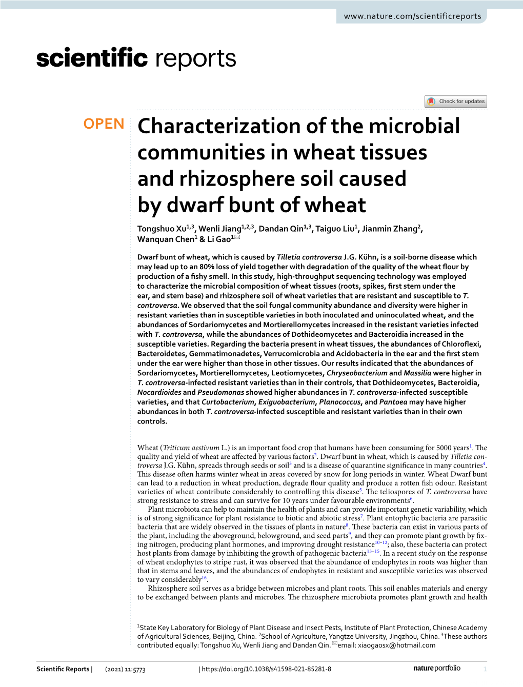 Characterization of the Microbial Communities in Wheat Tissues And