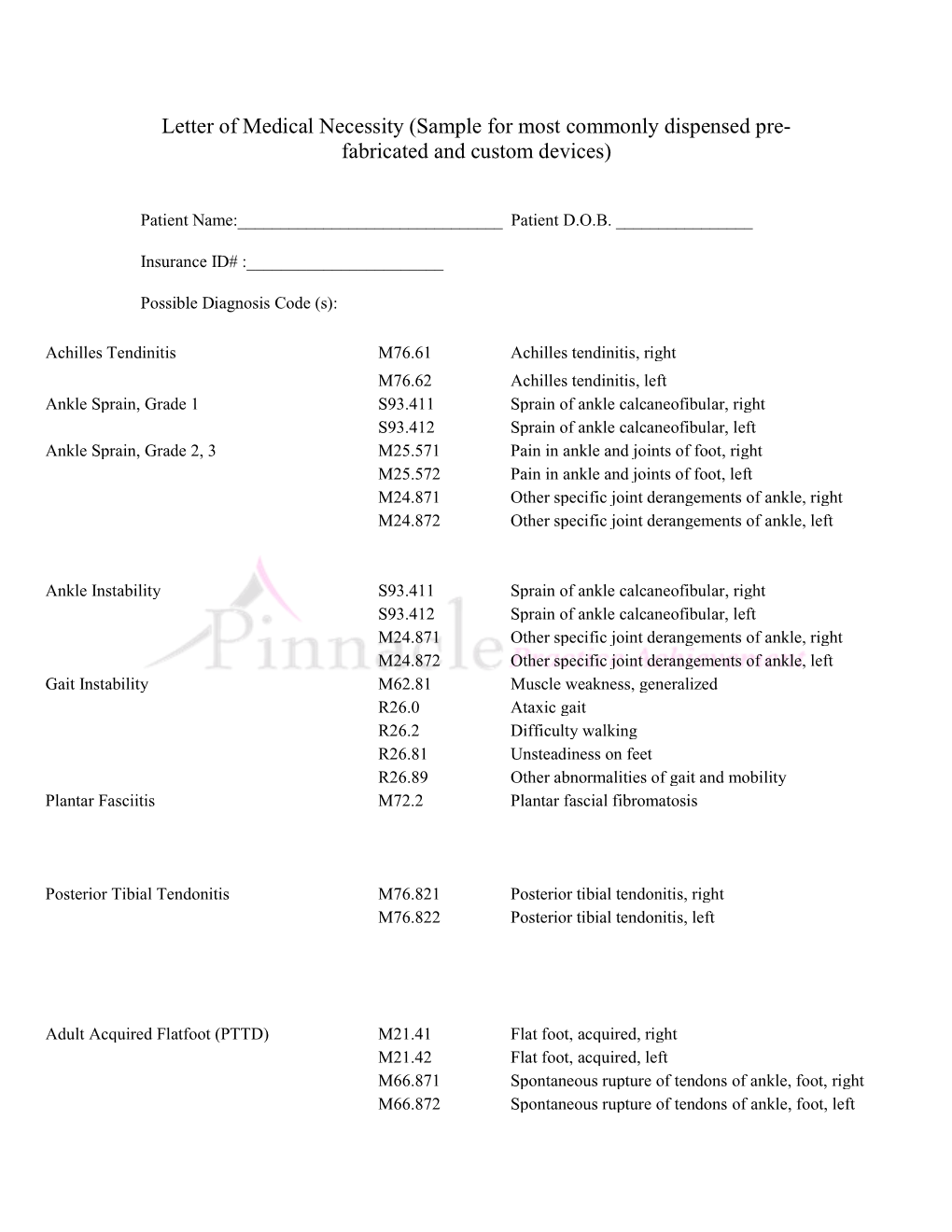 Letter of Medical Necessity (Sample for Most Commonly Dispensed Pre- Fabricated and Custom Devices)