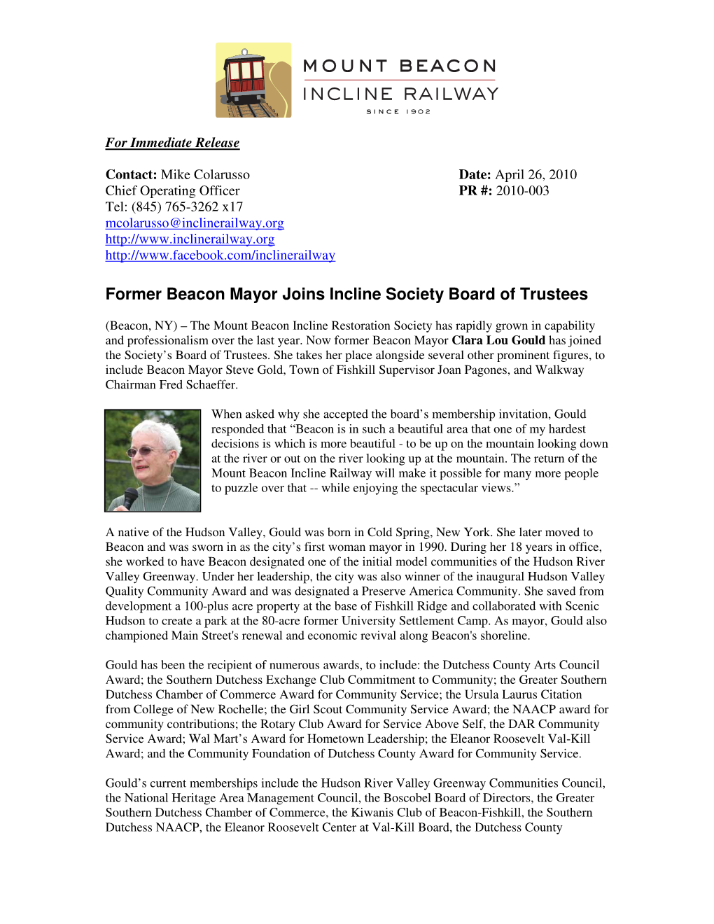 Former Beacon Mayor Joins Incline Society Board of Trustees