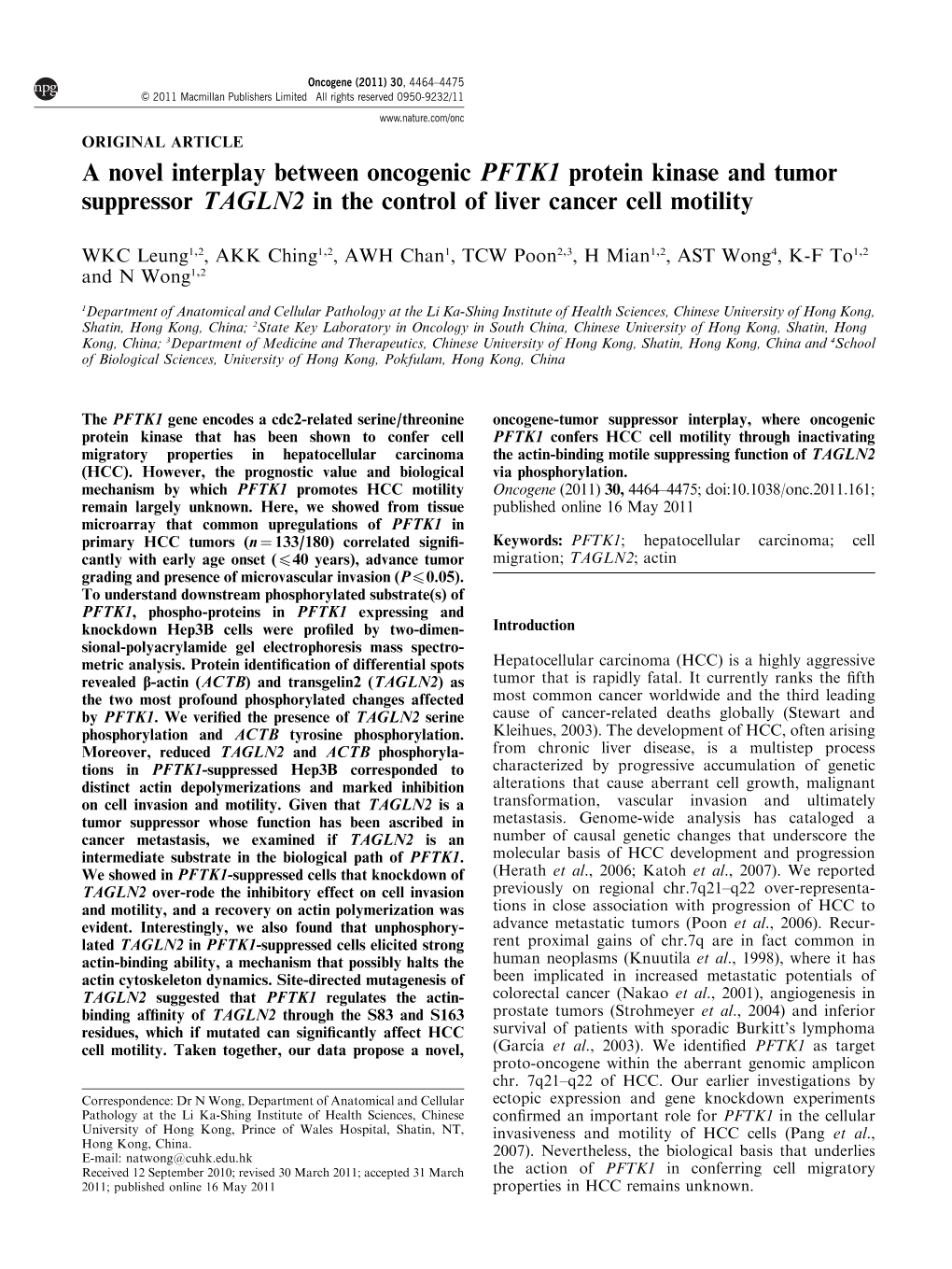 A Novel Interplay Between Oncogenic PFTK1 Protein Kinase and Tumor Suppressor TAGLN2 in the Control of Liver Cancer Cell Motility