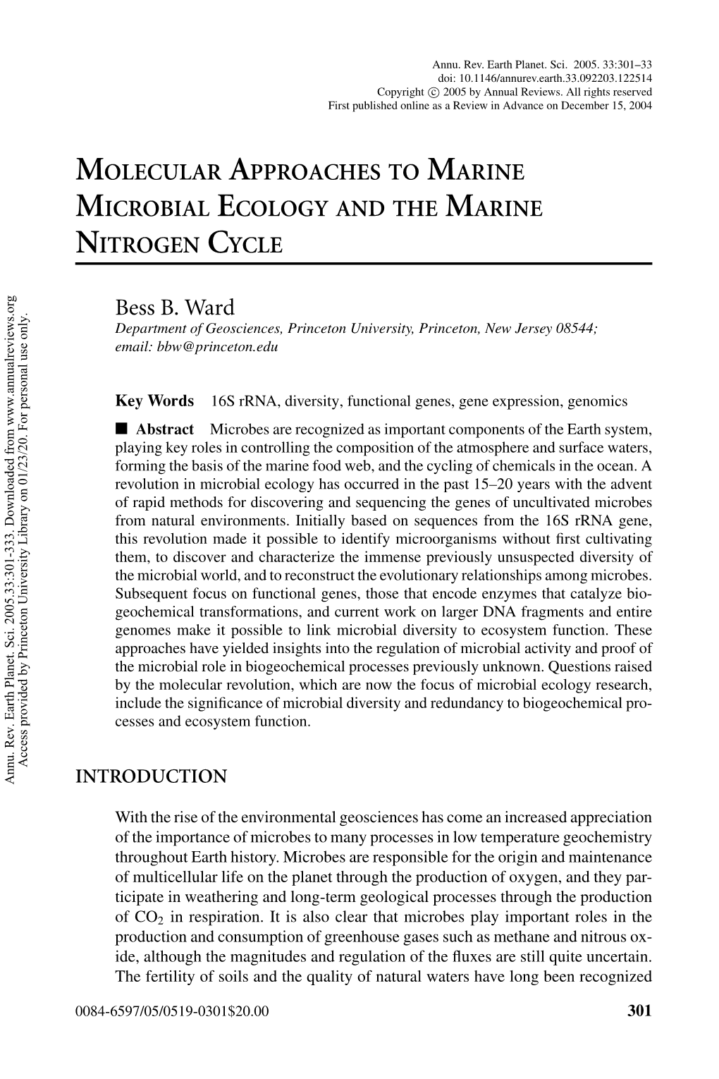 Molecular Approaches to Marine Microbial Ecology and the Marine Nitrogen Cycle