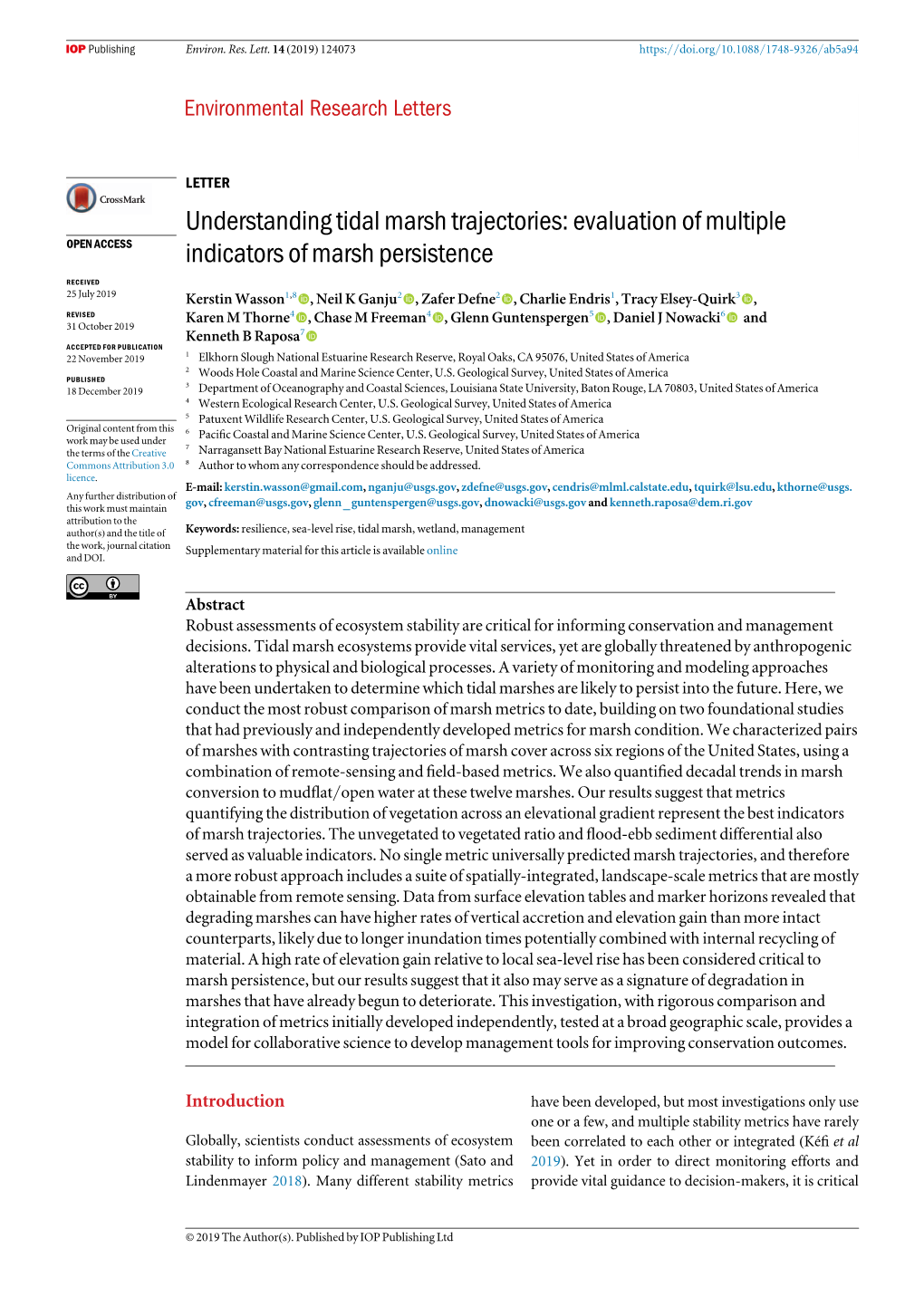 Understanding Tidal Marsh Trajectories: Evaluation of Multiple OPEN ACCESS Indicators of Marsh Persistence