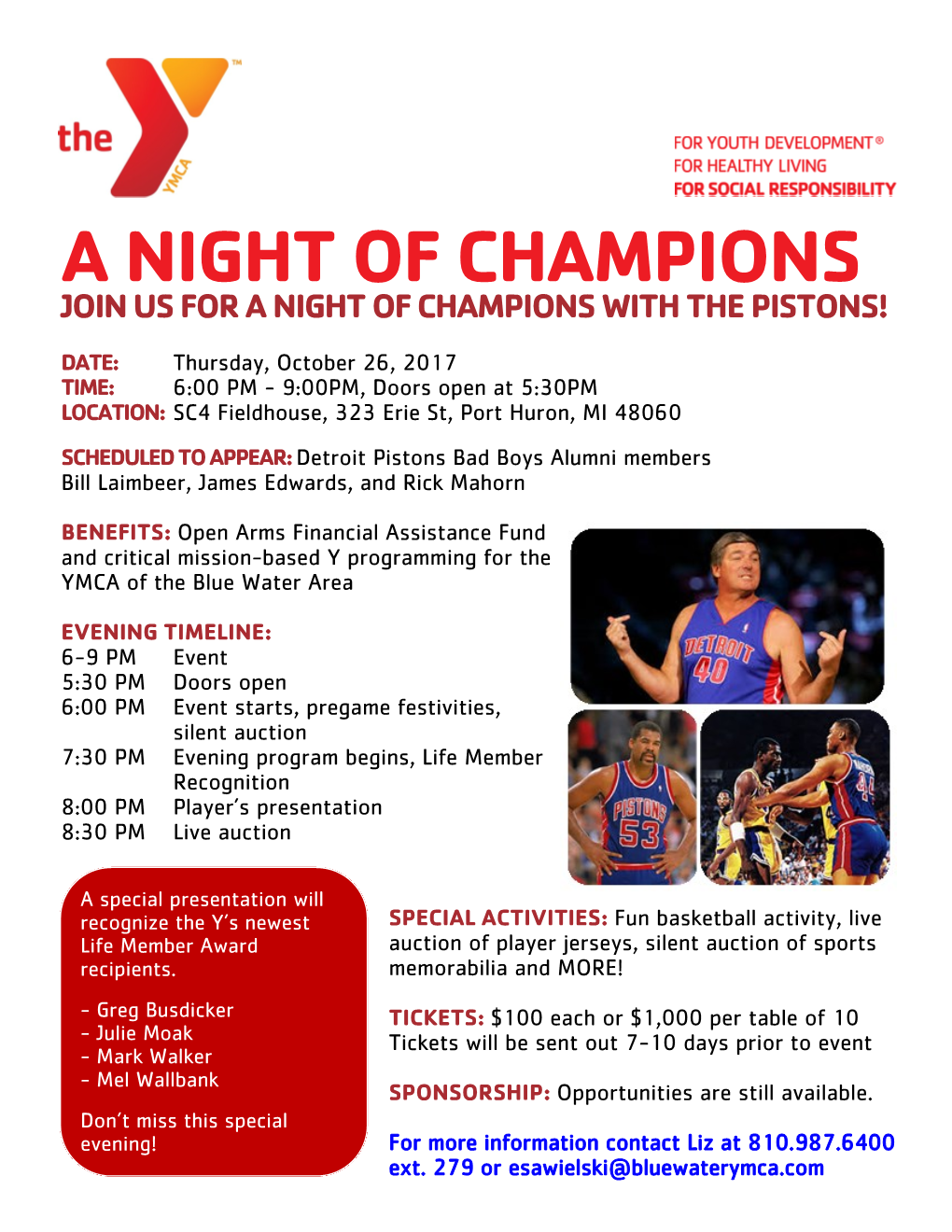 A Night of Champions Featuring Detroit Pistons Alumni Bill Laimbeer, Rick Mahorn and James Edwards Thursday, October 26, 2017 at 6:00 Pm in the Sc4 Fieldhouse