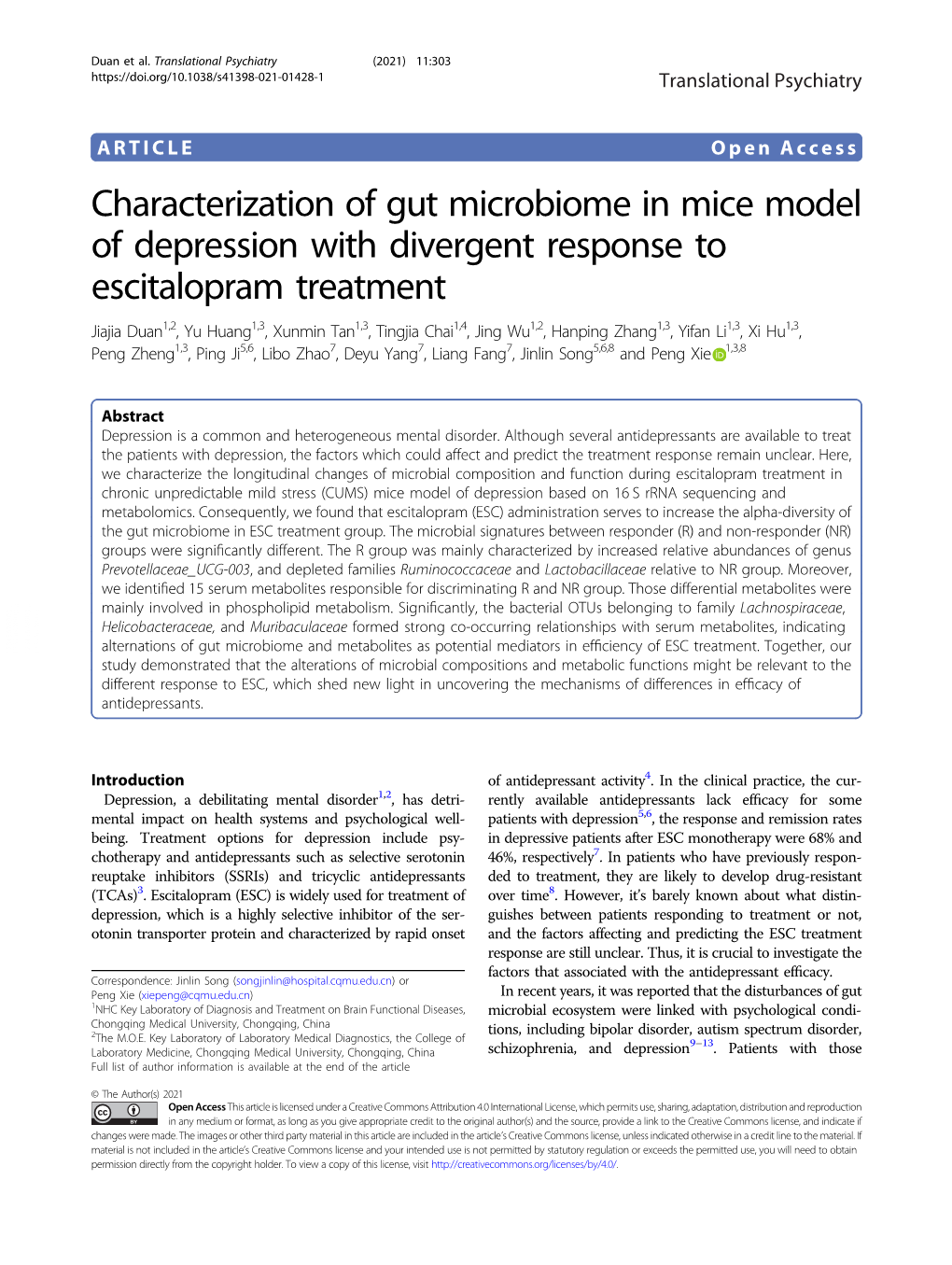 Characterization of Gut Microbiome in Mice Model of Depression
