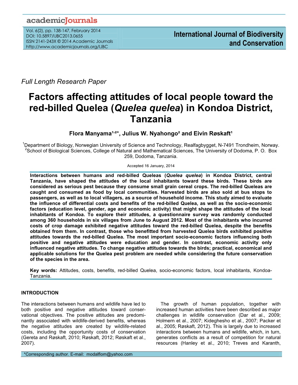 Factors Affecting Attitudes of Local People Toward the Red-Billed Quelea (Quelea Quelea) in Kondoa District, Tanzania