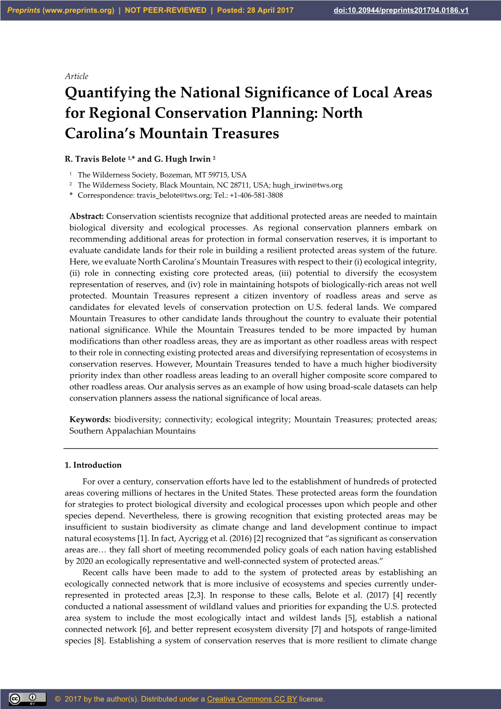 Quantifying the National Significance of Local Areas for Regional Conservation Planning: North Carolina’S Mountain Treasures
