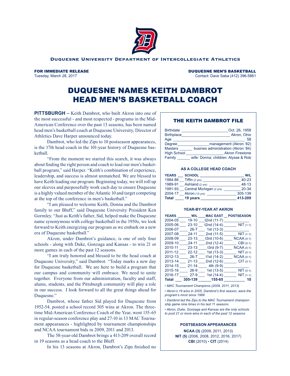 Duquesne Names Keith Dambrot Head Men's