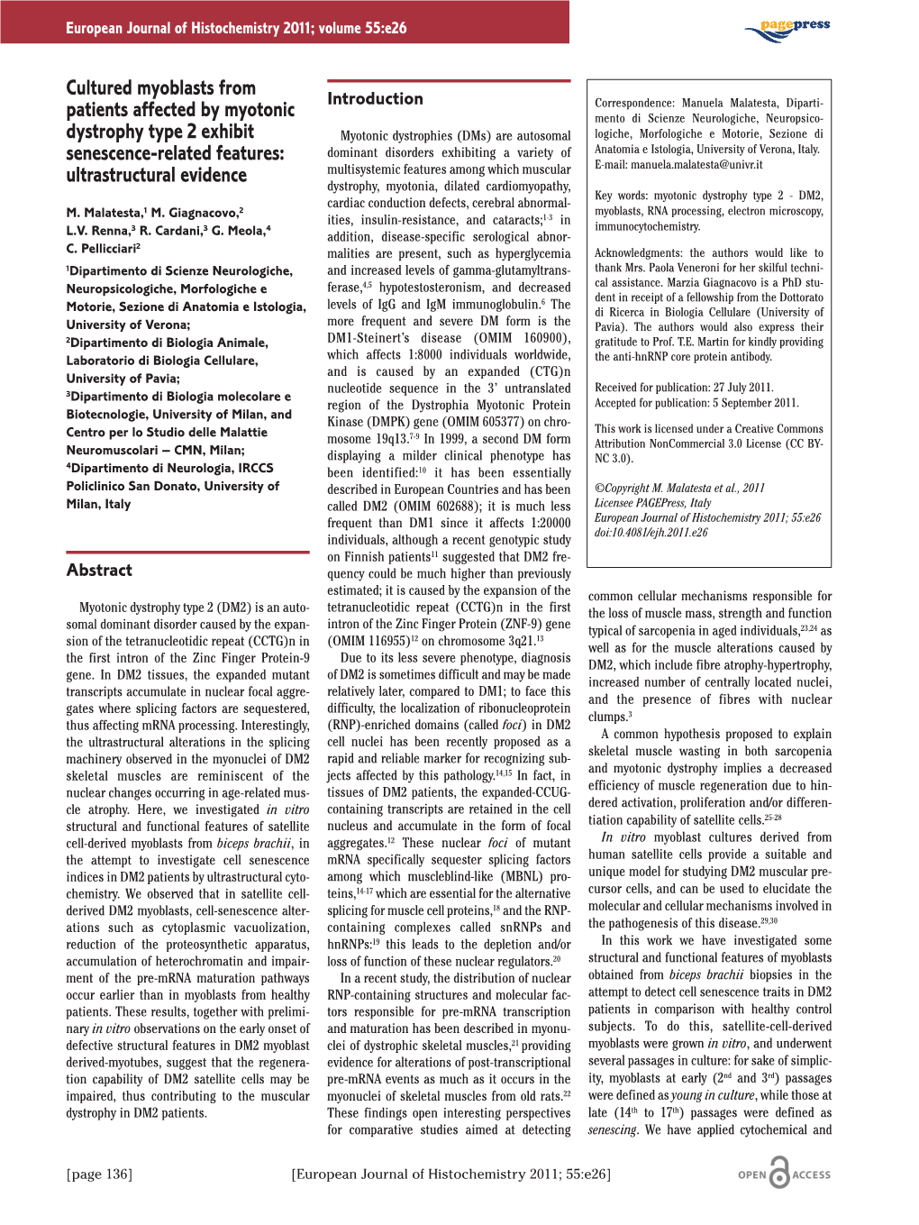 Cultured Myoblasts from Patients Affected by Myotonic Dystrophy Type 2 Exhibit Senescence-Related Features