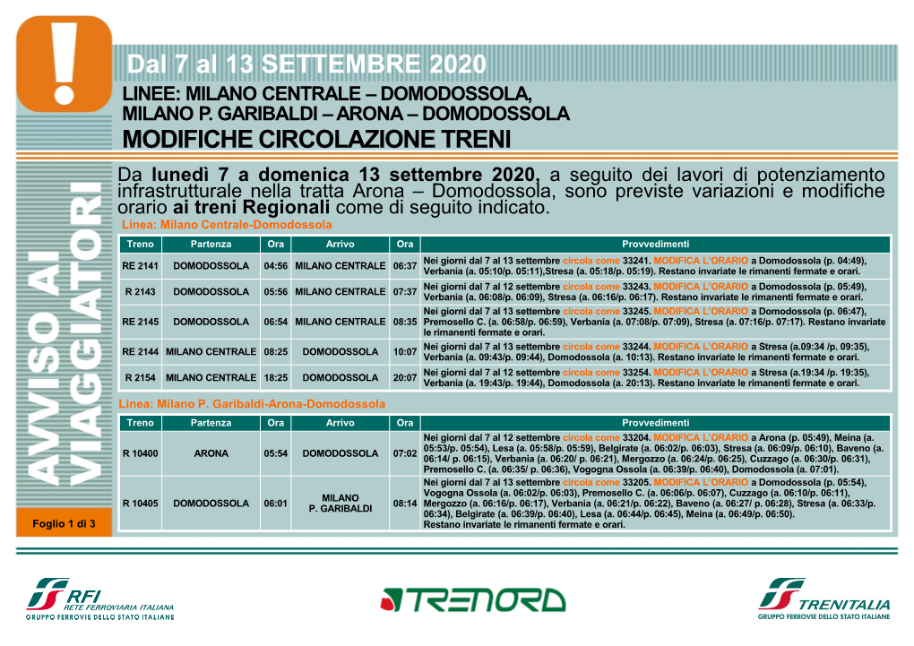 Dal 7 Al 13 SETTEMBRE 2020 LINEE: MILANO CENTRALE – DOMODOSSOLA, MILANO P