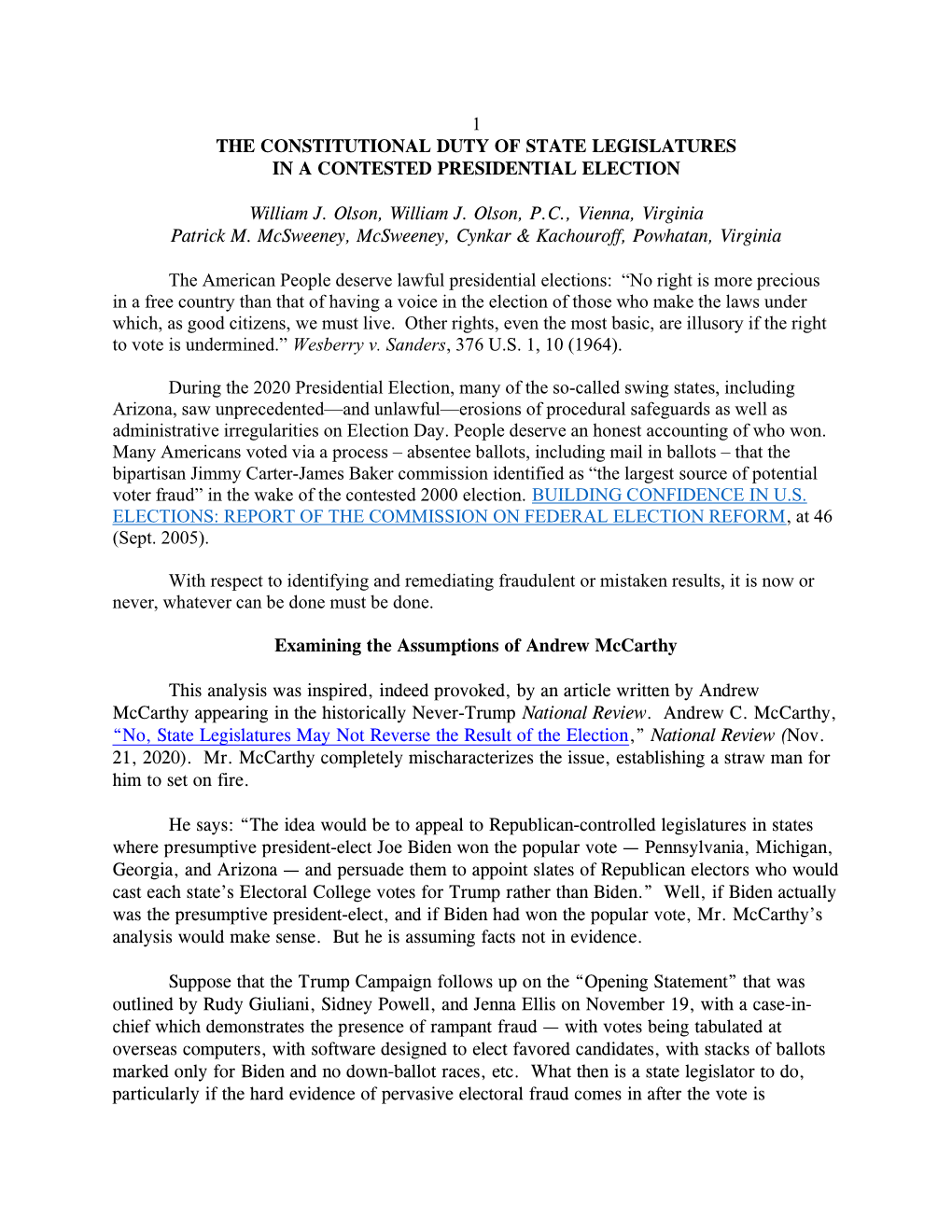 1 the Constitutional Duty of State Legislatures in a Contested Presidential Election