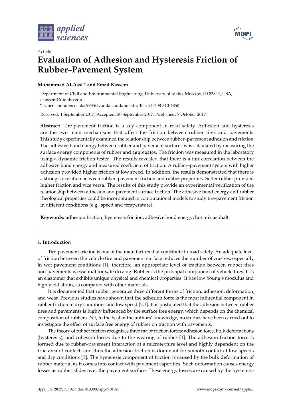 Evaluation of Adhesion and Hysteresis Friction of Rubber–Pavement System