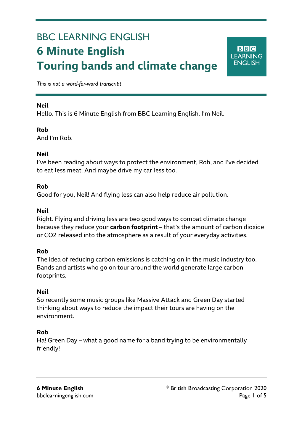 6 Minute English Touring Bands and Climate Change