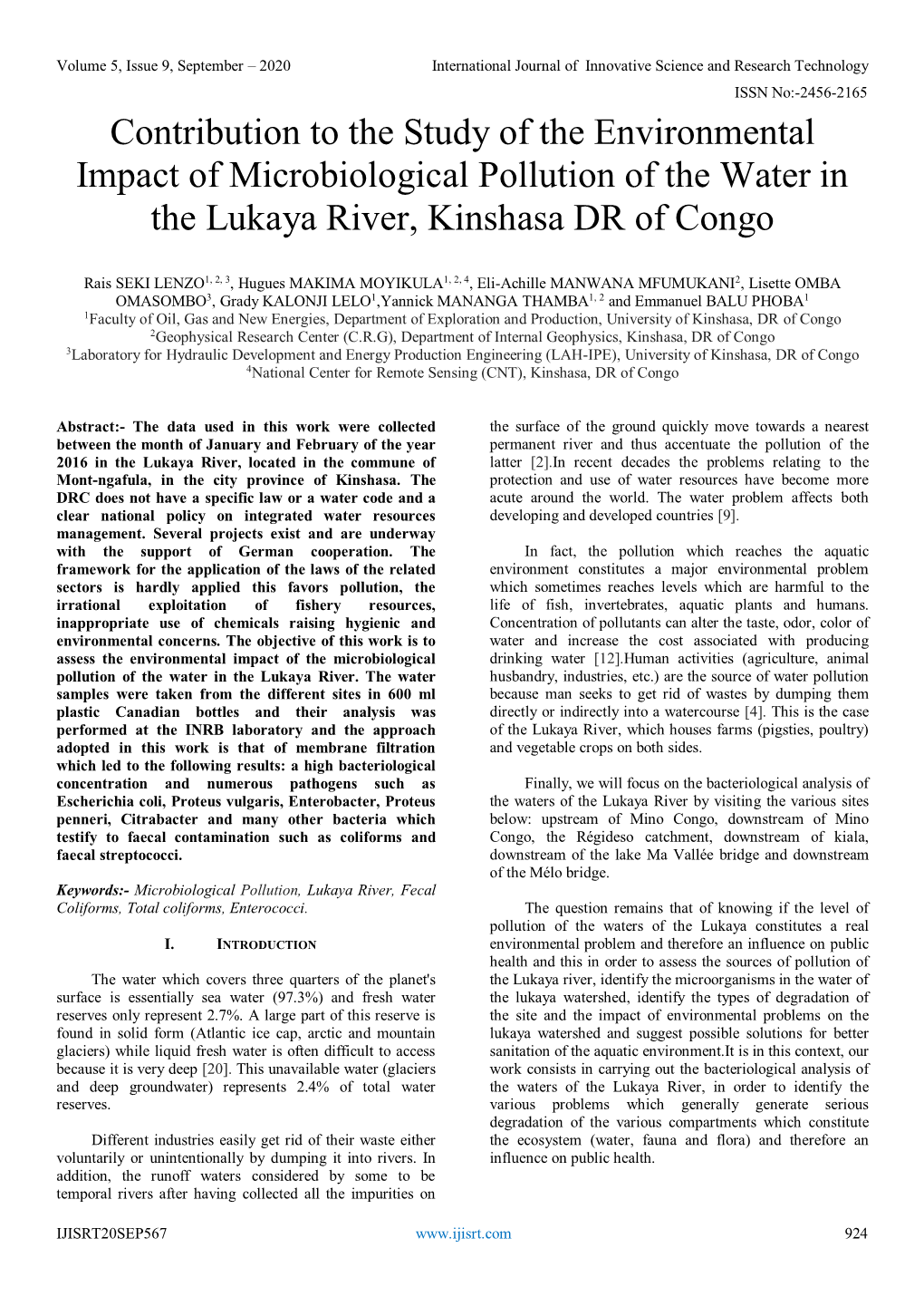 Contribution to the Study of the Environmental Impact of Microbiological Pollution of the Water in the Lukaya River, Kinshasa DR of Congo