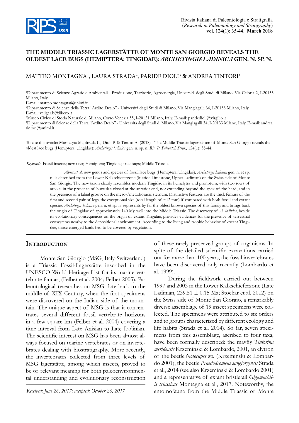 The Middle Triassic Lagerstätte of Monte San Giorgio Reveals the Oldest Lace Bugs (Hemiptera: Tingidae): Archetingis Ladinica Gen