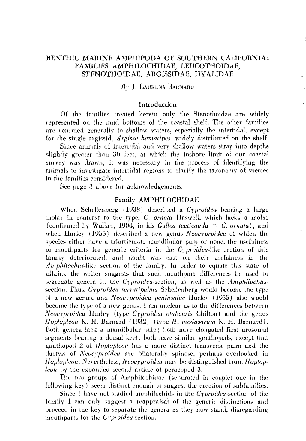 Benthic Marine Amphipoda of Southern California: Families Amphilochidae, Leucothoidae, Stenothoidae, Argissidae, Hy Alidae