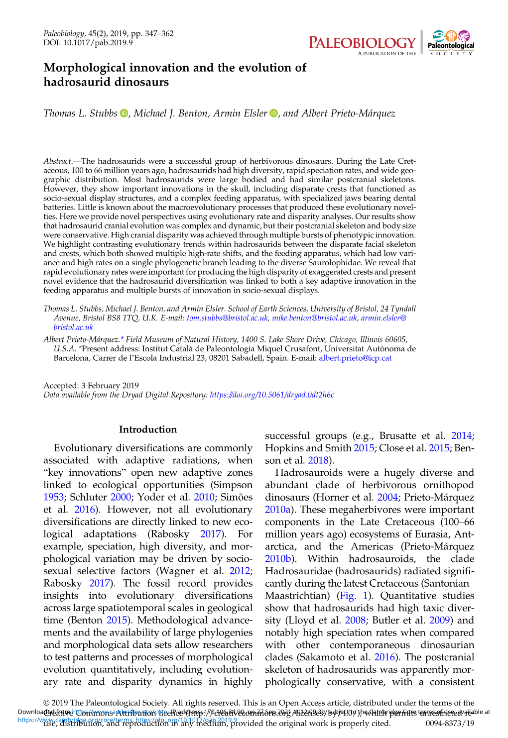 Morphological Innovation and the Evolution of Hadrosaurid Dinosaurs