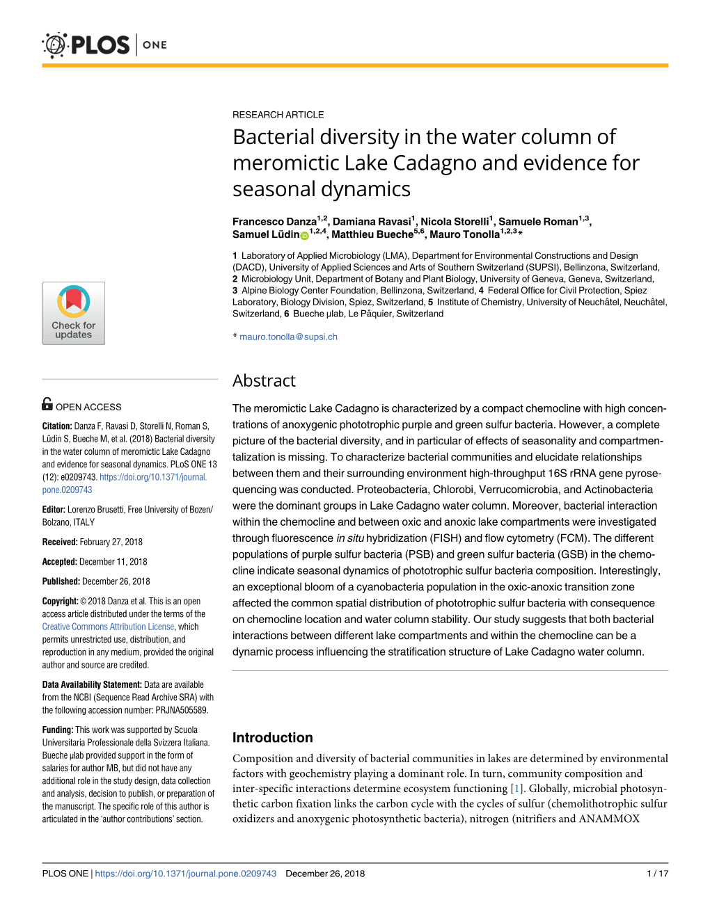 Bacterial Diversity in the Water Column of Meromictic Lake Cadagno and Evidence for Seasonal Dynamics
