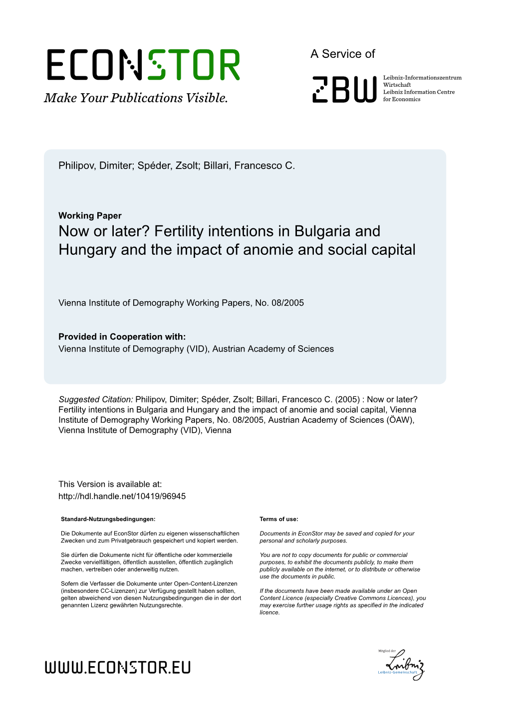 Fertility Intentions in Bulgaria and Hungary and the Impact of Anomie and Social Capital