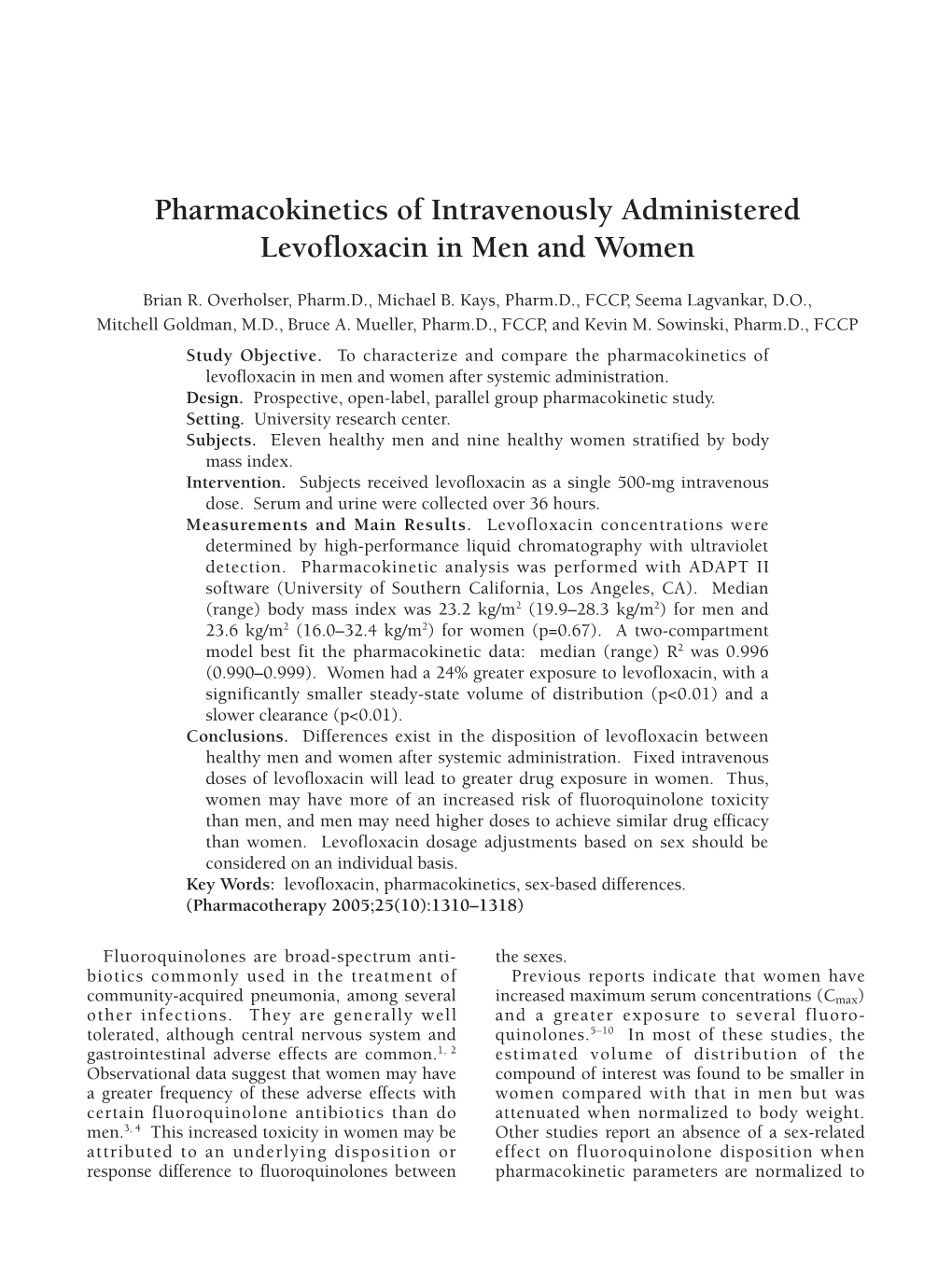 Pharmacokinetics of Intravenously Administered Levofloxacin in Men and Women