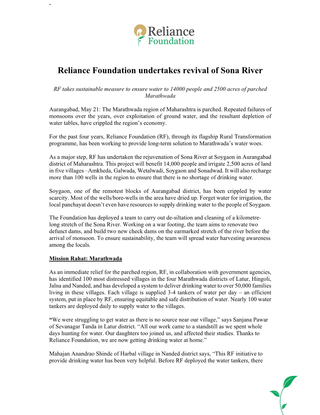 21 May 2016 Reliance Foundation Undertakes Revival of Sona River