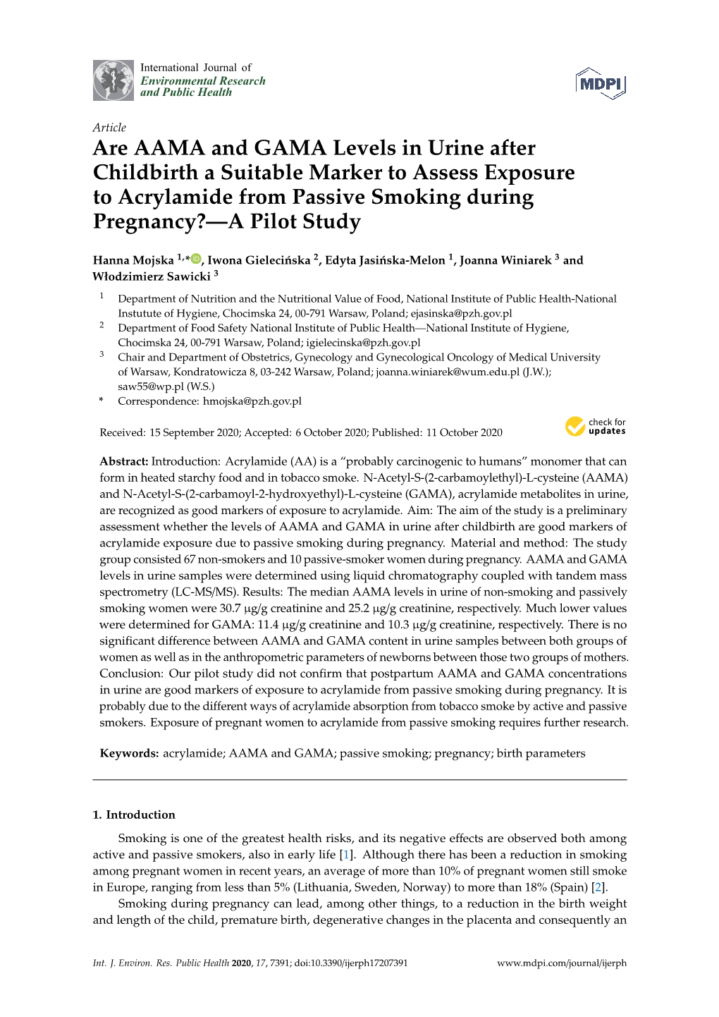 Are AAMA and GAMA Levels in Urine After Childbirth a Suitable Marker to Assess Exposure to Acrylamide from Passive Smoking During Pregnancy?—A Pilot Study