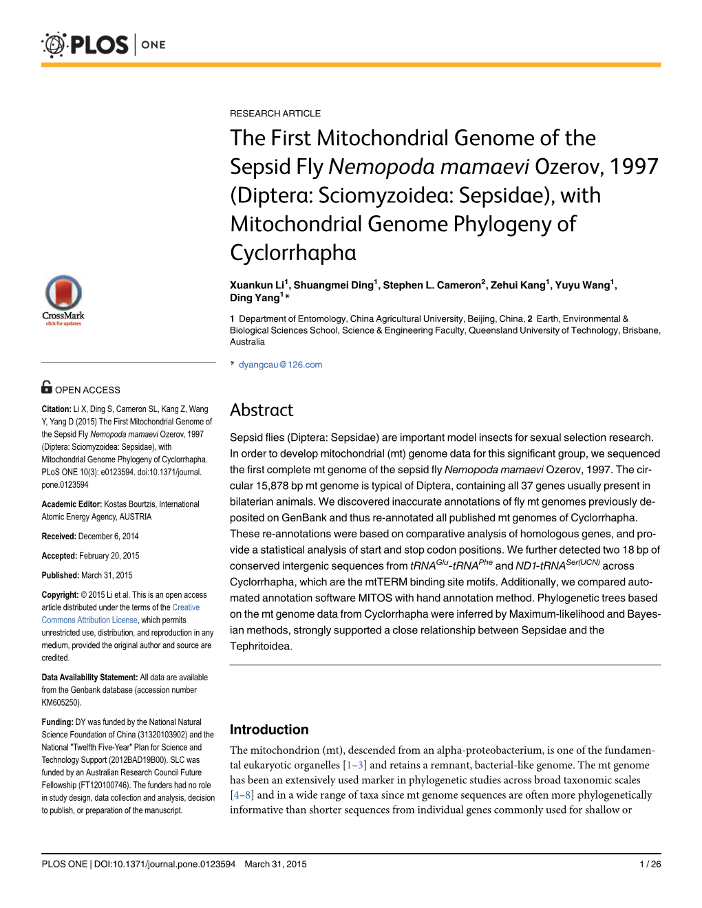 The First Mitochondrial Genome of the Sepsid Fly Nemopoda Mamaevi Ozerov, 1997 (Diptera: Sciomyzoidea: Sepsidae), with Mitochondrial Genome Phylogeny of Cyclorrhapha