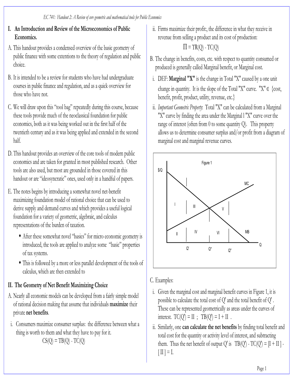 EC 741: Handout 2: a Review of Core Geometric and Mathematical Tools for Public Economics I