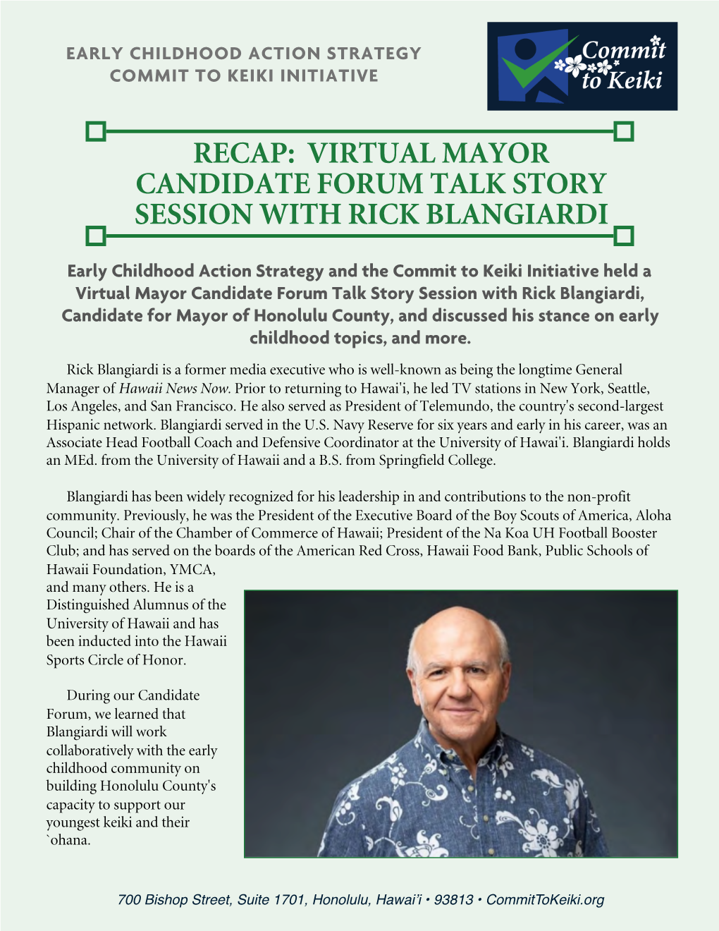 Virtual Mayor Candidate Forum Talk Story Session with Rick Blangiardi