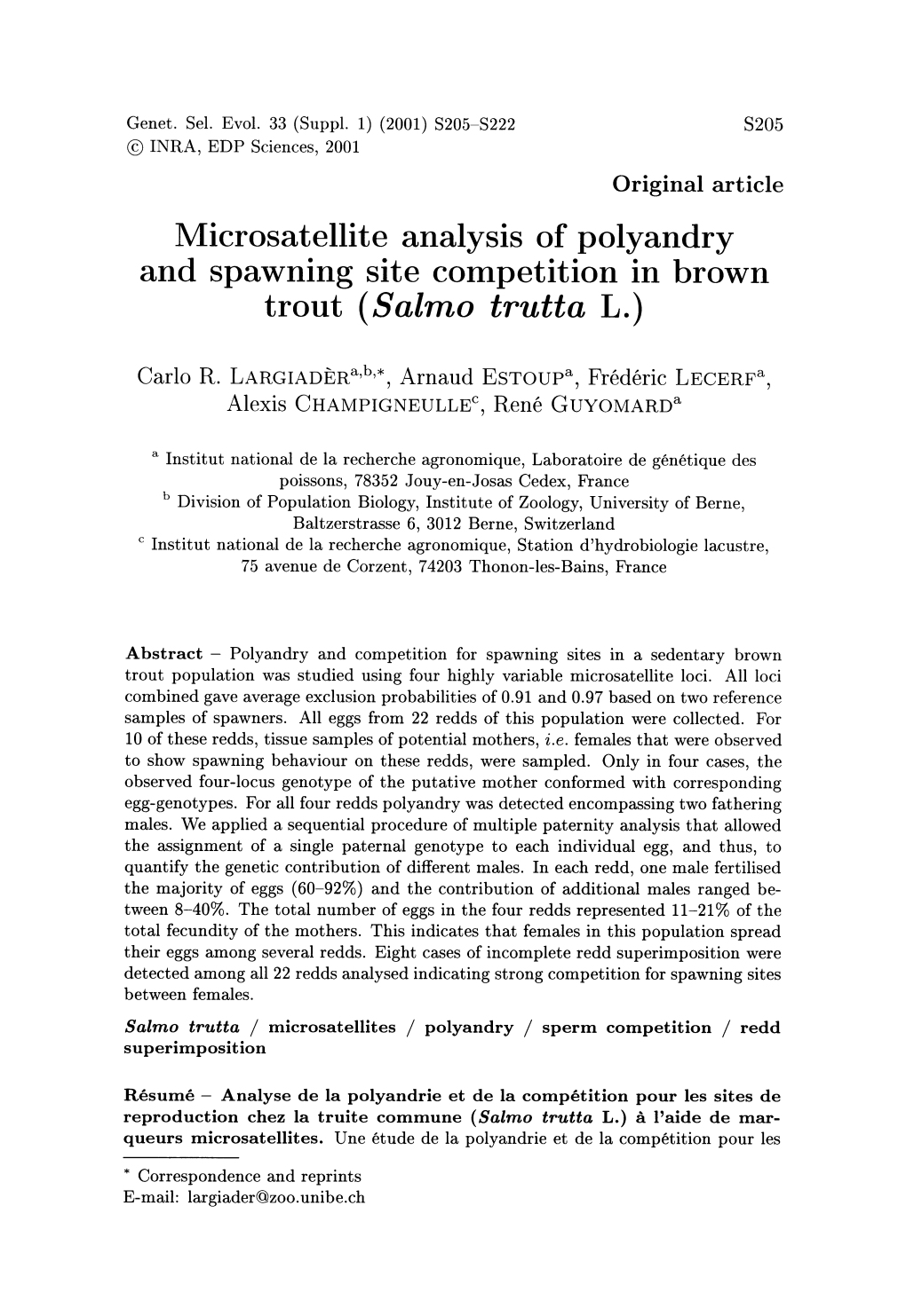 Microsatellite Analysis of Polyandry and Spawning Site Competition in Brown Trout (Salmo Trutta L.)