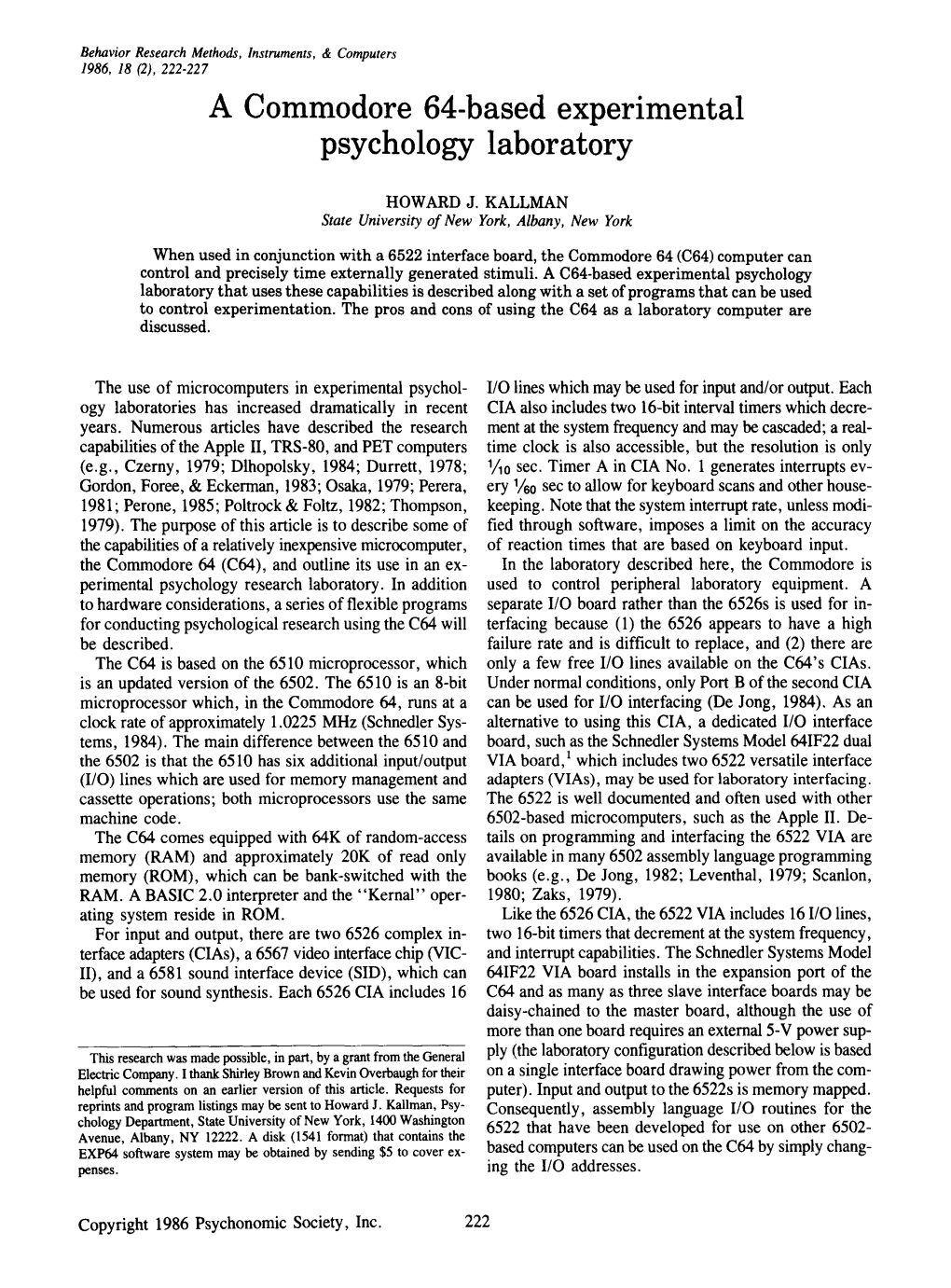 A Commodore 64-Based Experimental Psychology Laboratory