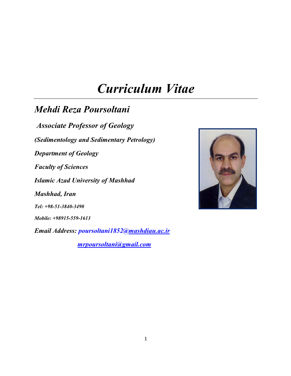 Curriculum Vitae Mehdi Reza Poursoltani Associate Professor of Geology
