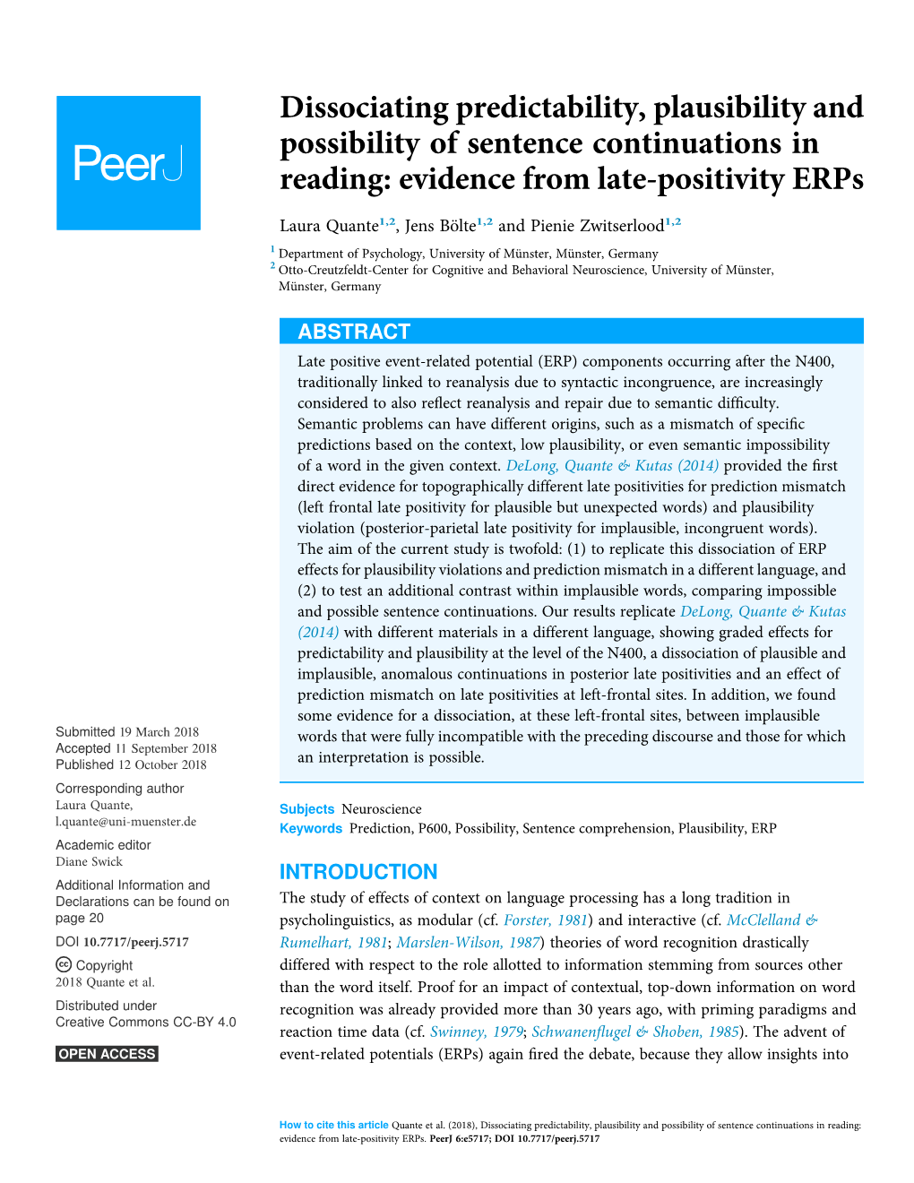 Dissociating Predictability, Plausibility and Possibility of Sentence Continuations in Reading: Evidence from Late-Positivity Erps