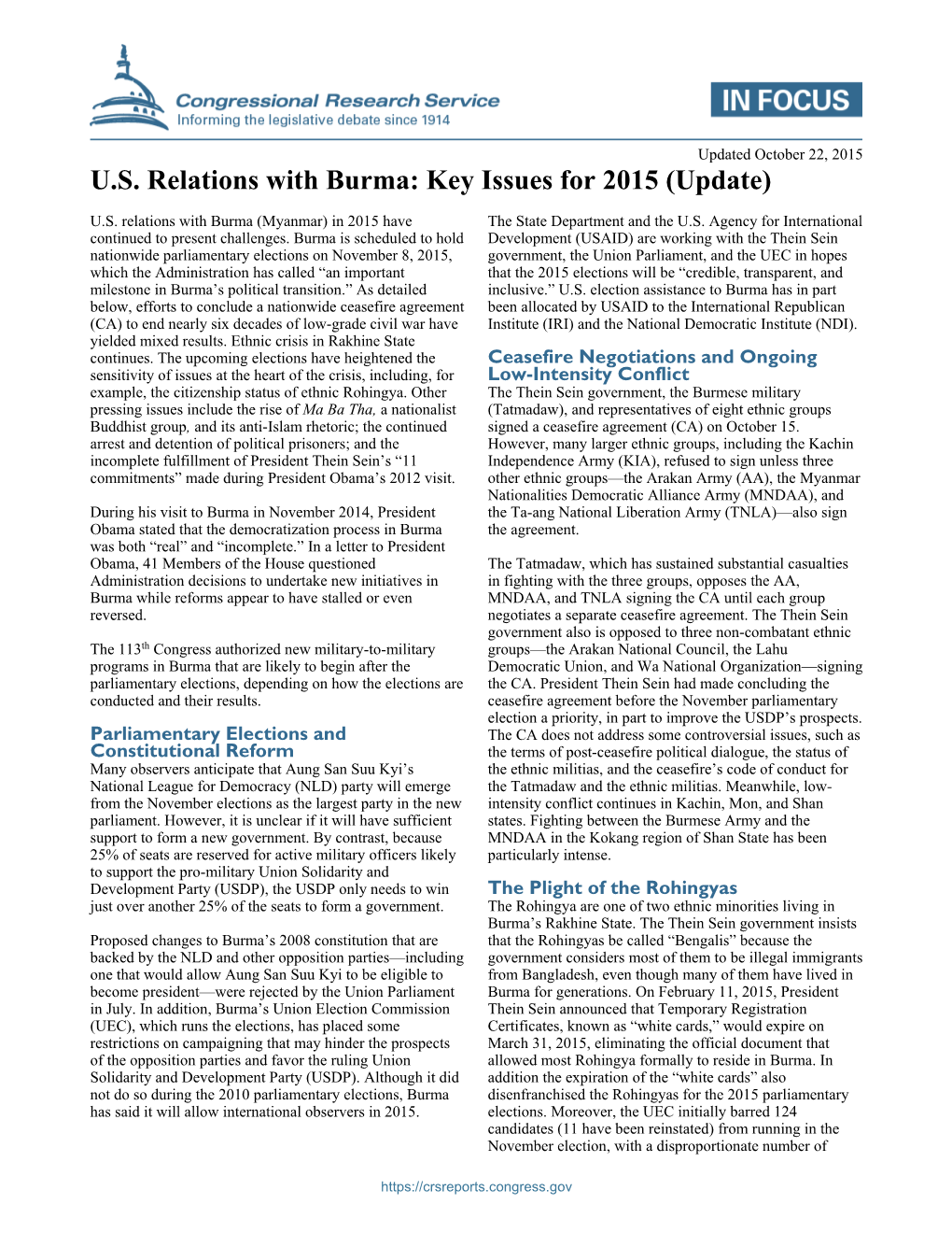 US Relations with Burma: Key Issues for 2015
