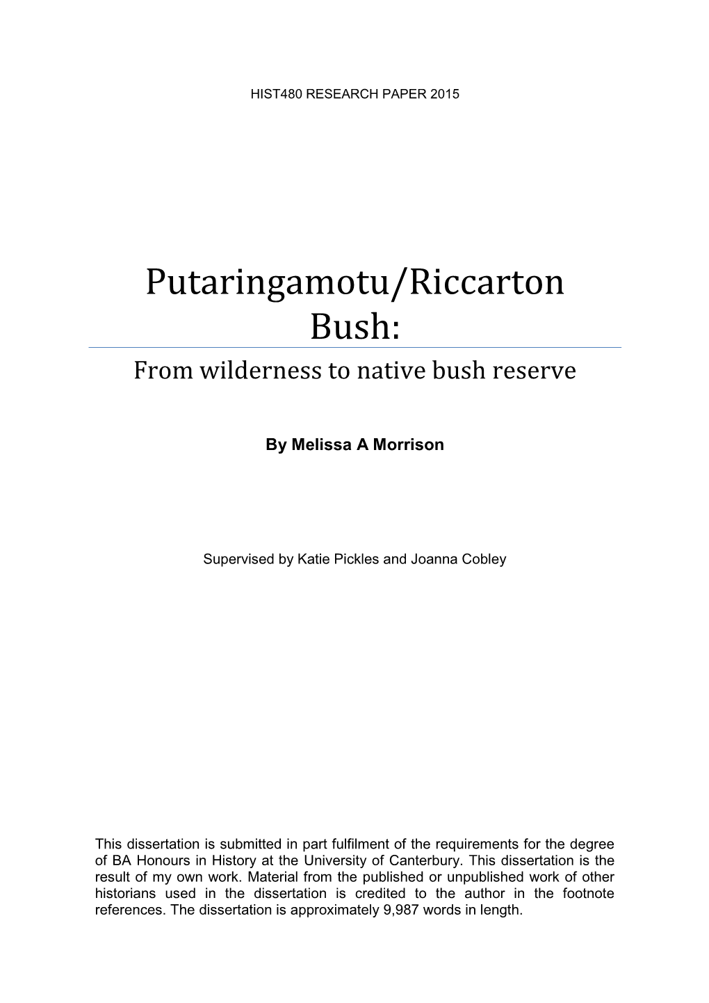 Putaringamotu/Riccarton Bush: from Wilderness to Native Bush Reserve