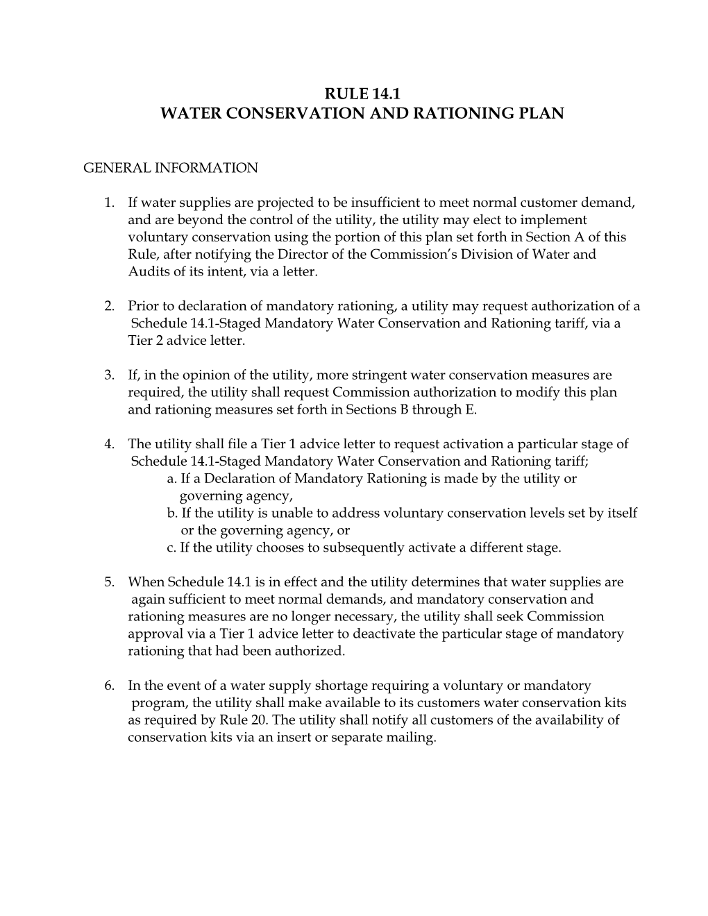 Rule 14.1 Water Conservation and Rationing Plan