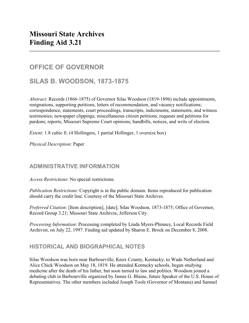 RG3.21 Silas B.Woodson, 1873-1875