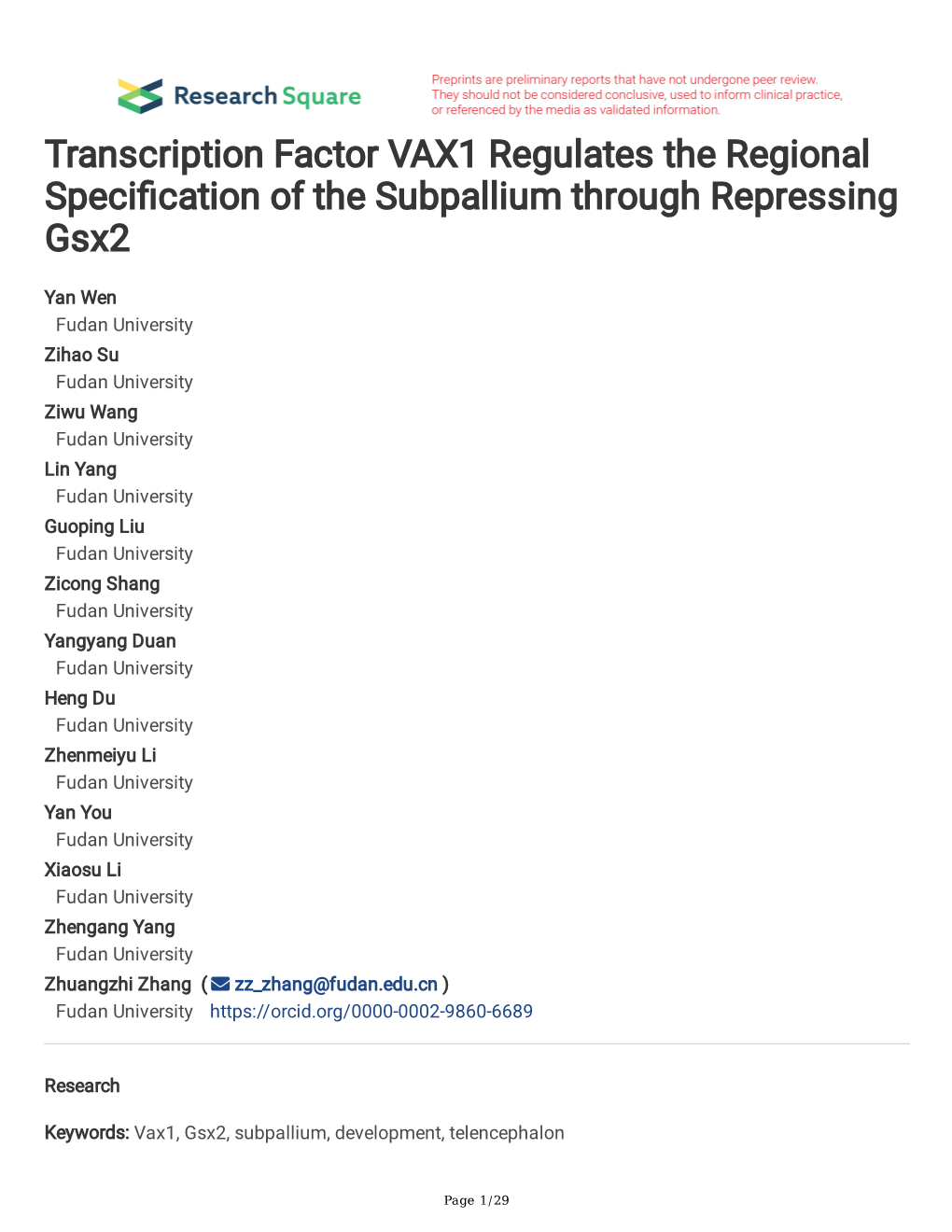 Transcription Factor VAX1 Regulates the Regional Speci Cation of The