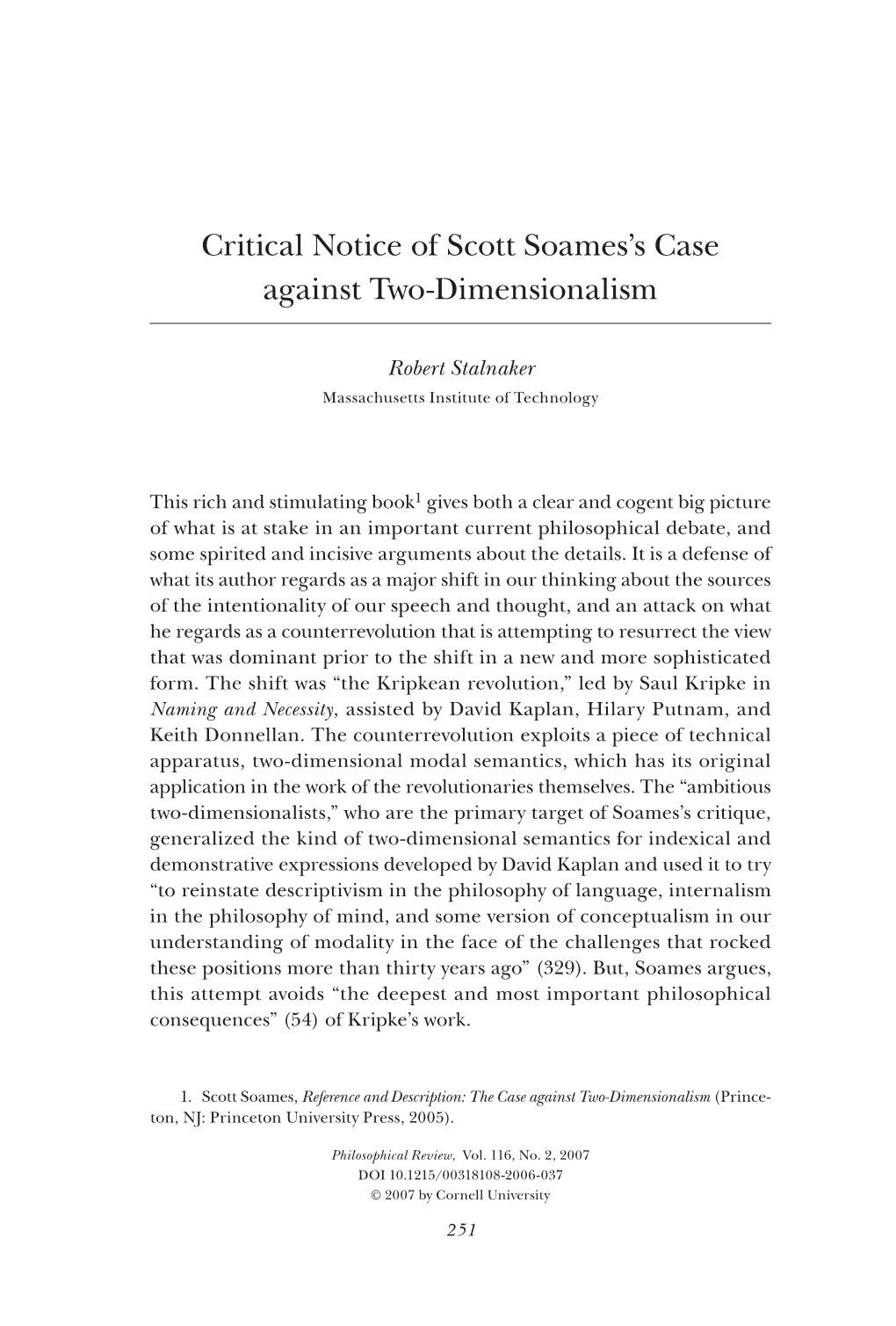 Critical Notice of Scott Soames's Case Against Two-Dimensionalism