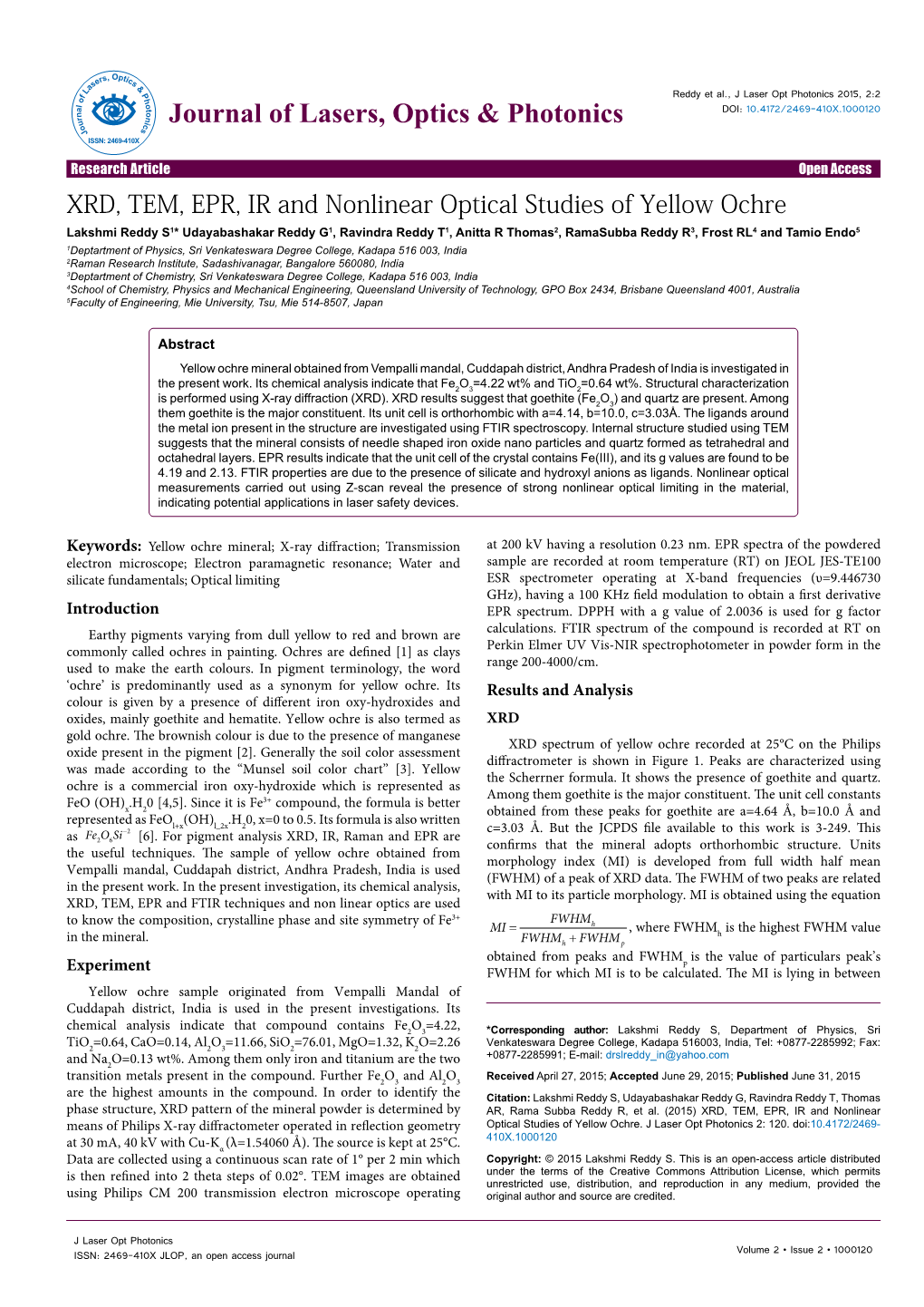 XRD, TEM, EPR, IR and Nonlinear Optical Studies of Yellow Ochre