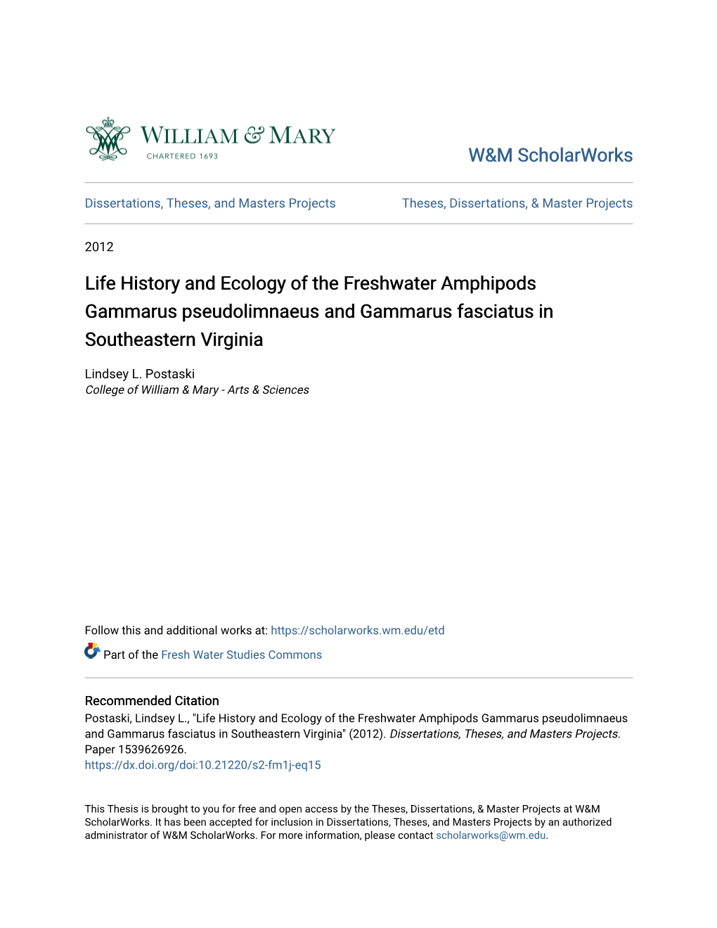 Life History and Ecology of the Freshwater Amphipods Gammarus Pseudolimnaeus and Gammarus Fasciatus in Southeastern Virginia