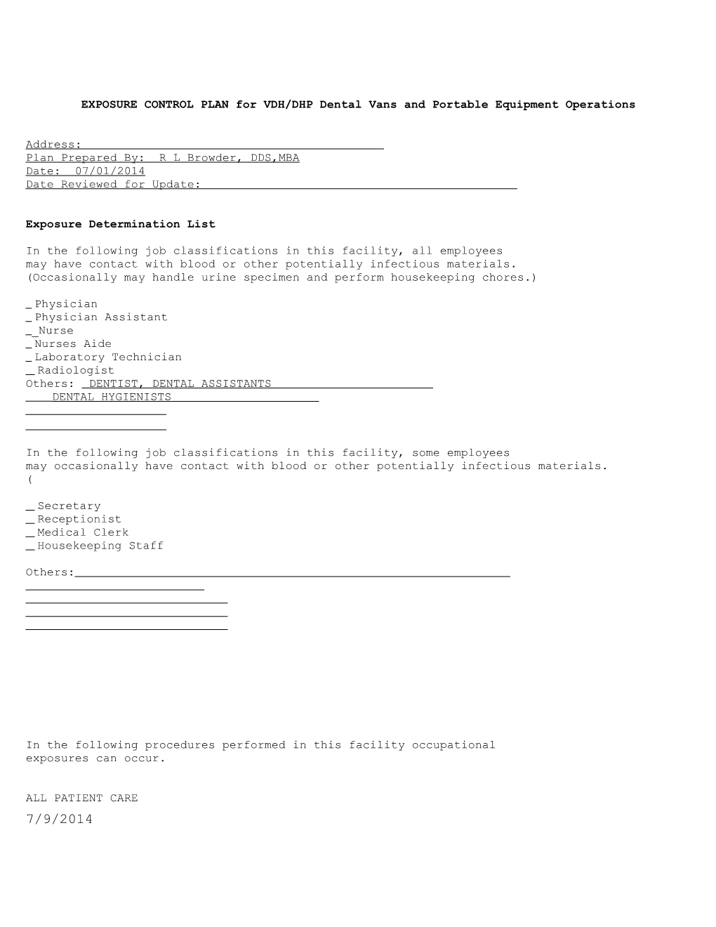 EXPOSURE CONTROL PLAN for VDH/DHP Dental Vans and Portable Equipment Operations